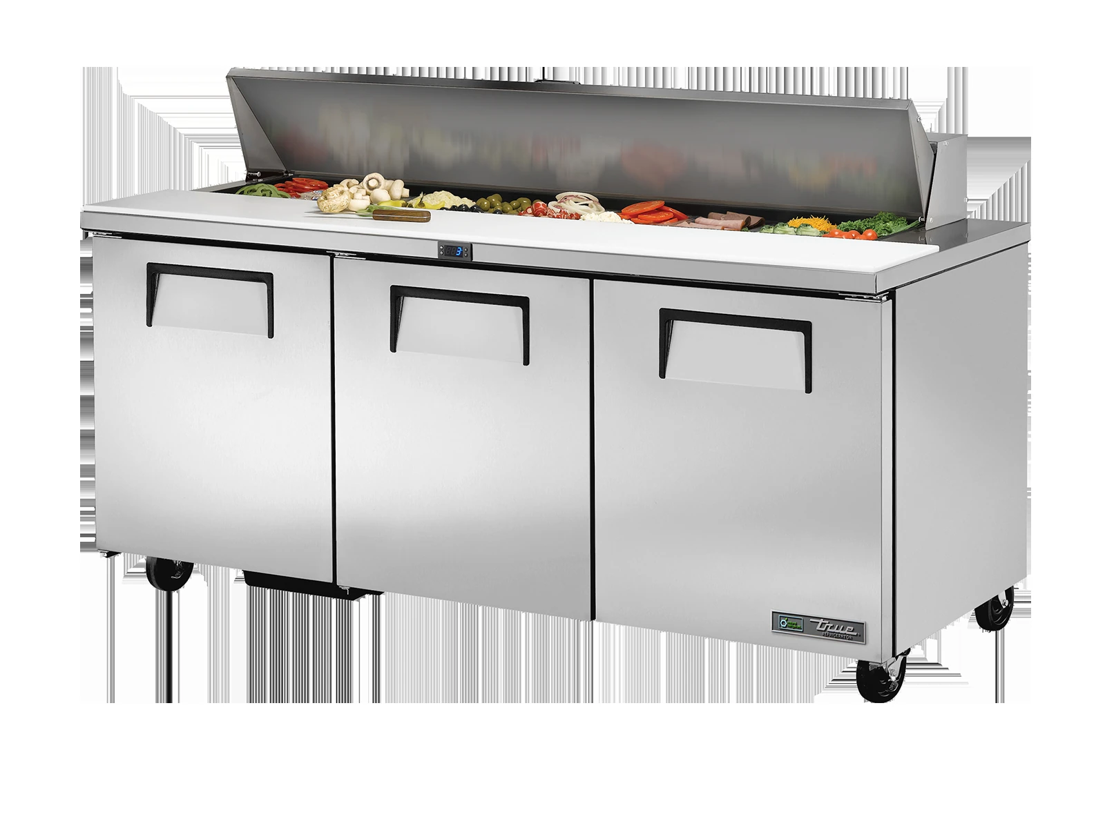 True TSSU-72-18-HC Prep Table, 18x 1/6 Top Pans, 3 Solid Swing Doors