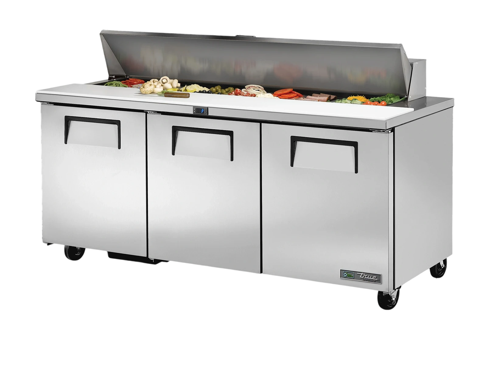 True TSSU-72-18-HC Prep Table, 18x 1/6 Top Pans, 3 Solid Swing Doors