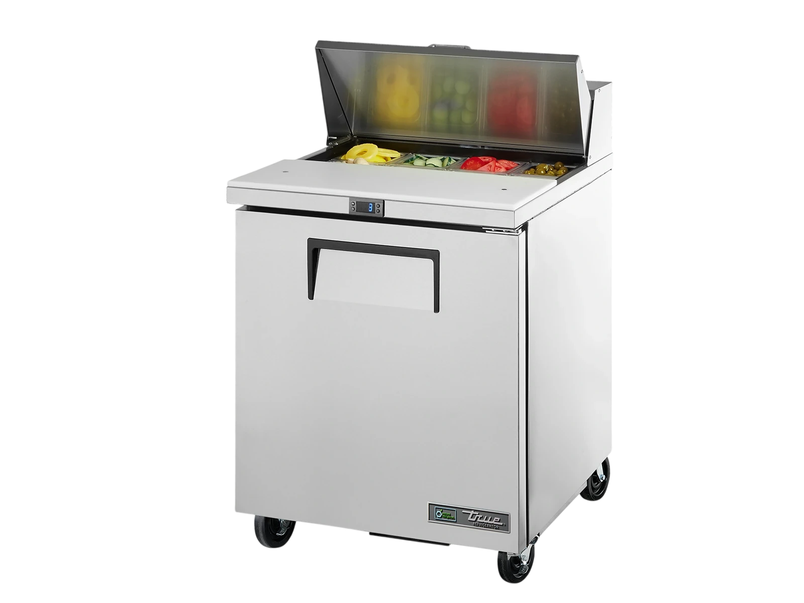 True TSSU-27-08-HC FLID Prep Table, 8x 1/6 Top Pans, 1 Solid Swing Door