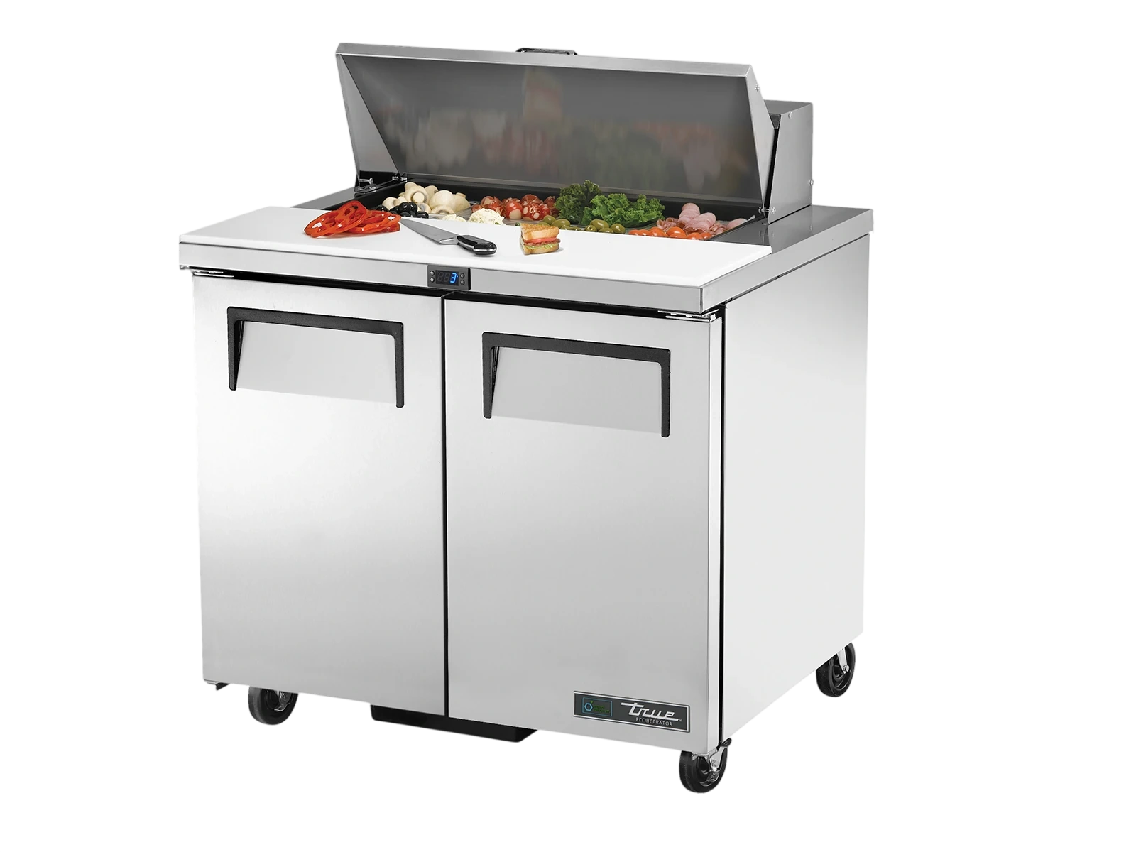 True TSSU-36-08-HC FLID Prep Table, 8x 1/6 Top Pans, 2 Solid Swing Doors