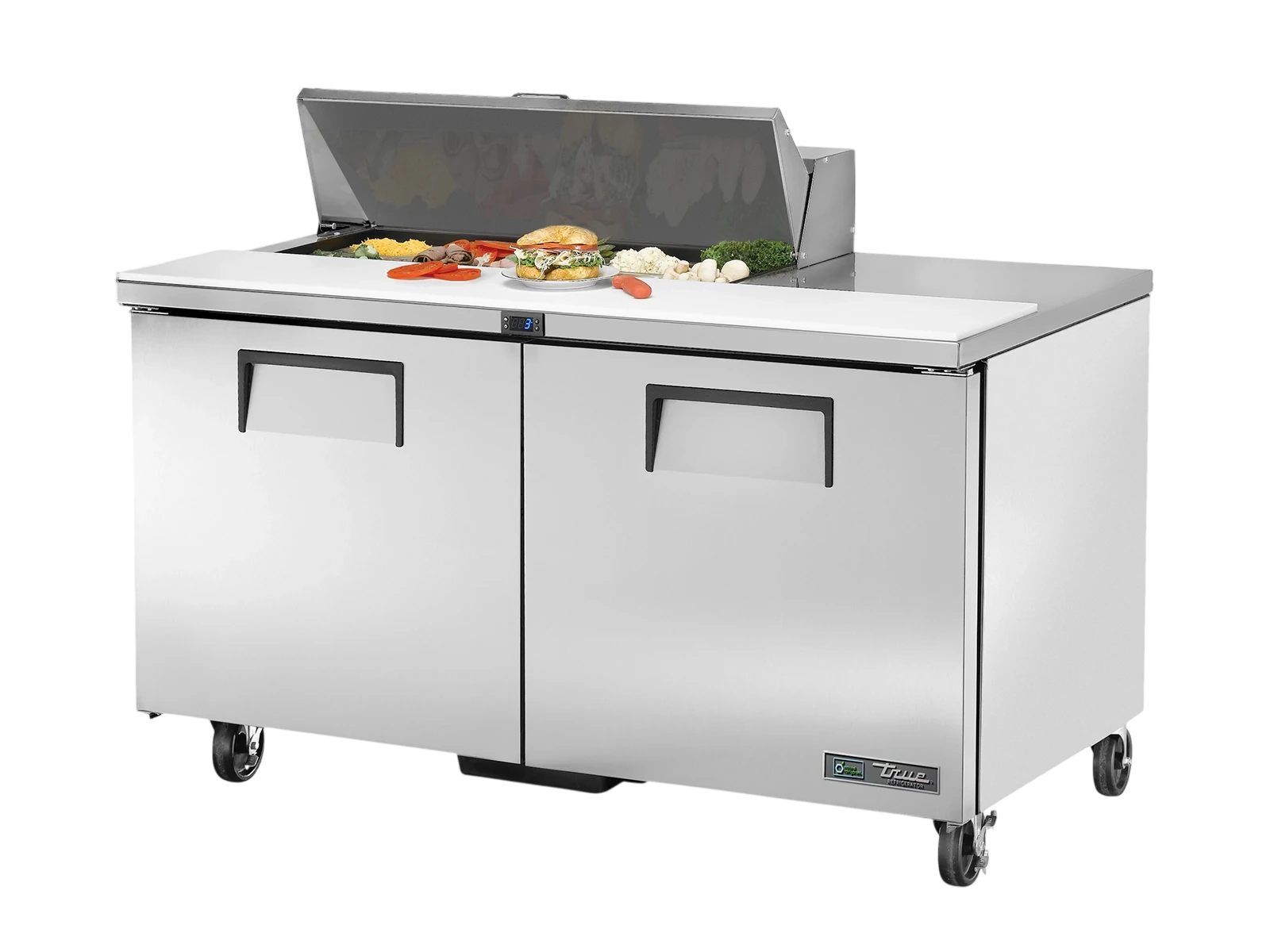 True TSSU-60-10-HC FLID Prep Table, 10x 1/6 Top Pans, 2 Solid Swing Doors