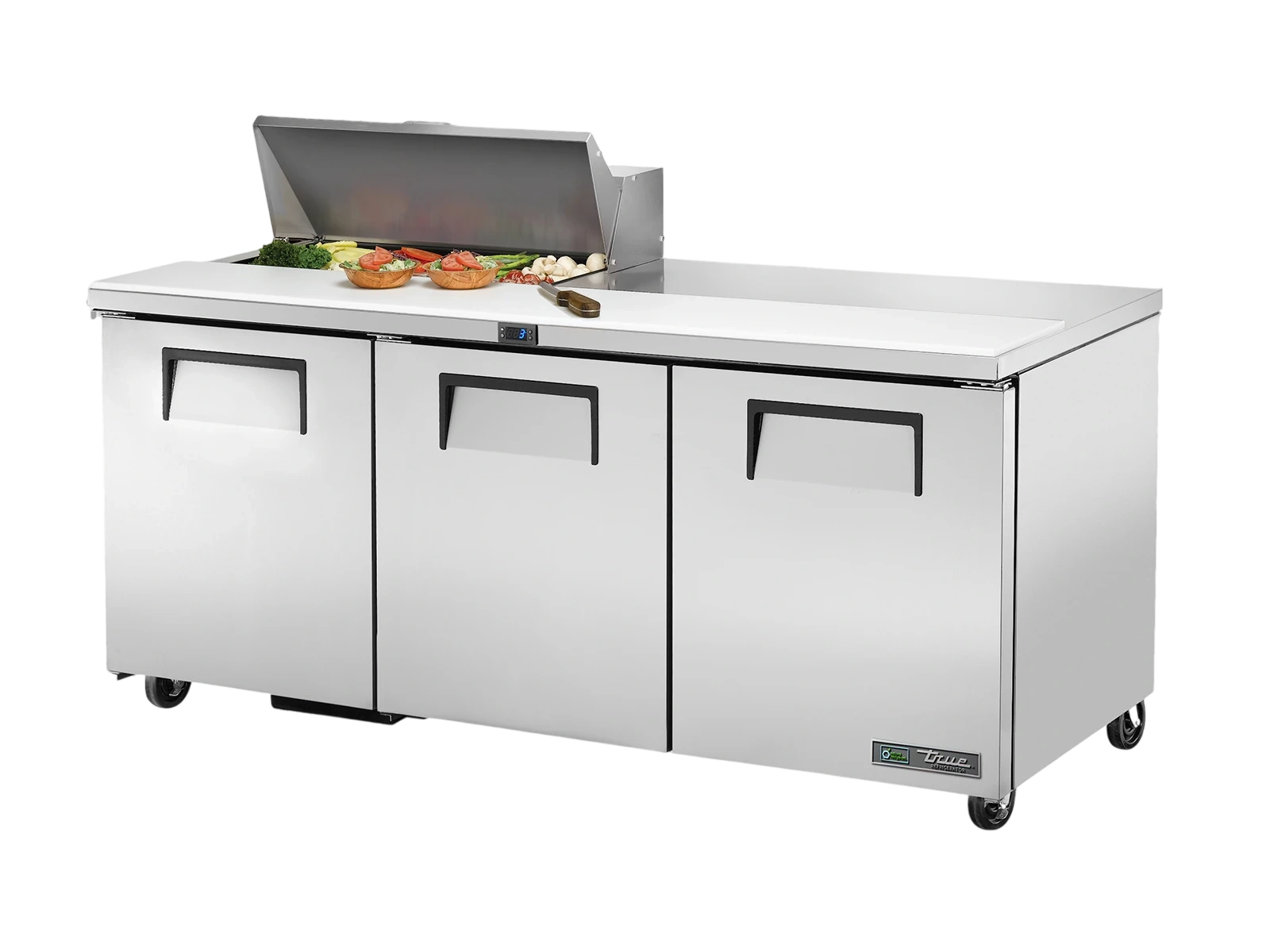 True TSSU-72-08-HC FLID Prep Table, 8x 1/6 Top Pans, 3 Solid Swing Doors