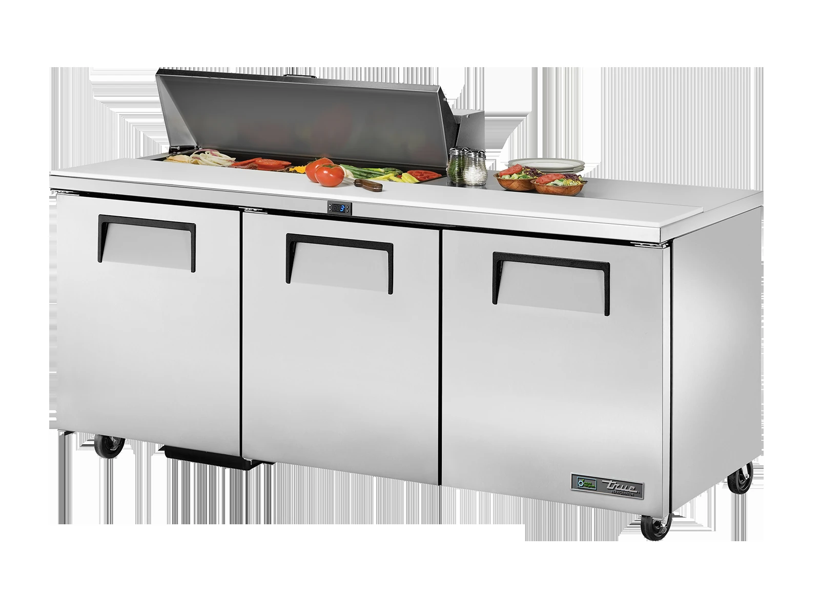 True TSSU-72-10-HC FLID Prep Table, 10x 1/6 Top Pans, 3 Solid Swing Doors