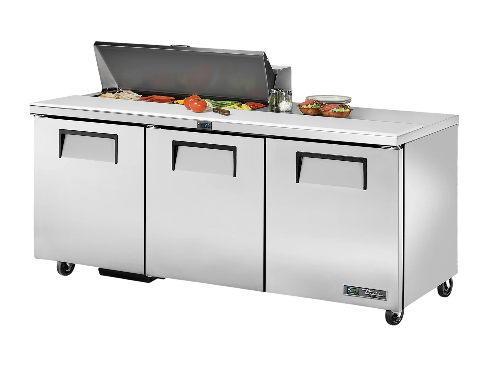 True TSSU-72-10-HC FLID Prep Table, 10x 1/6 Top Pans, 3 Solid Swing Doors