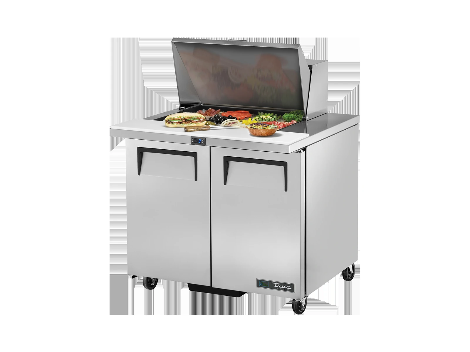 True TSSU-36-12M-B-HC Prep Table, 12x 1/6 Top Pans, 2 Solid Swing Doors