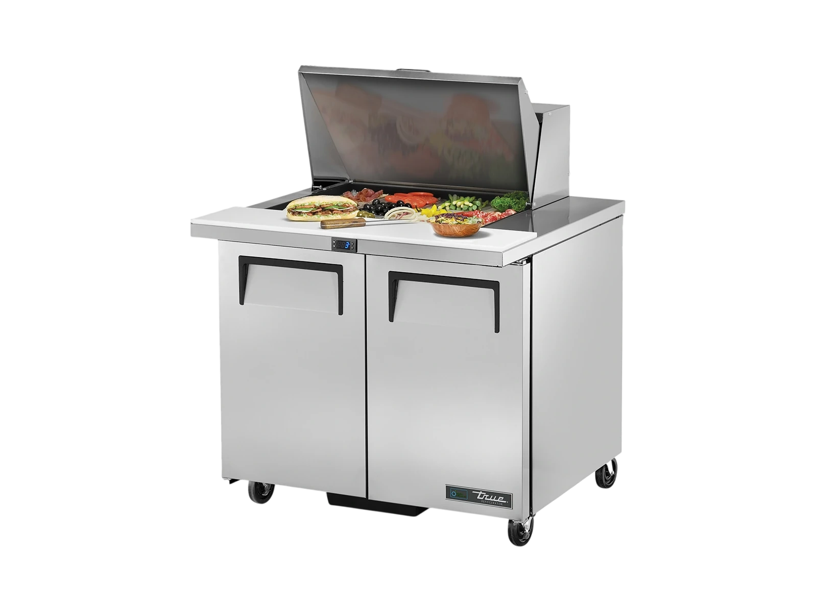 True TSSU-36-12M-B-HC Prep Table, 12x 1/6 Top Pans, 2 Solid Swing Doors