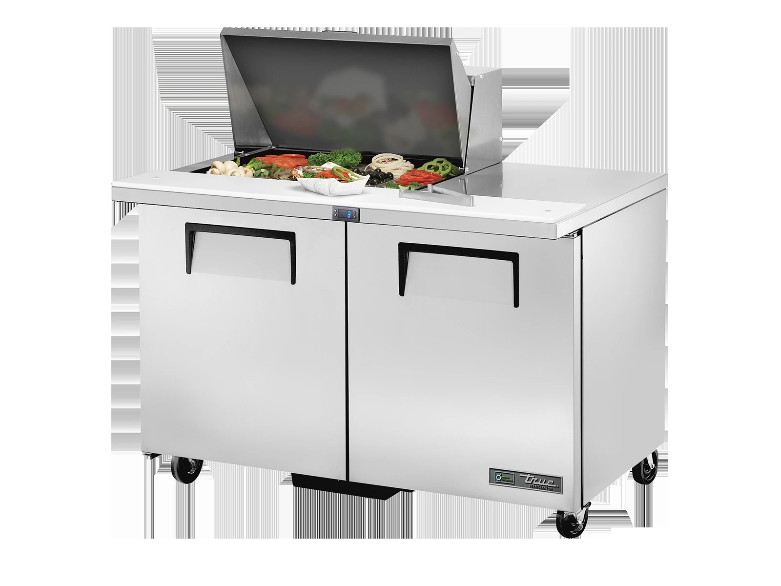 True TSSU-48-12M-B-HC Prep Table, 12x 1/6 Top Pans, 2 Solid Swing Doors