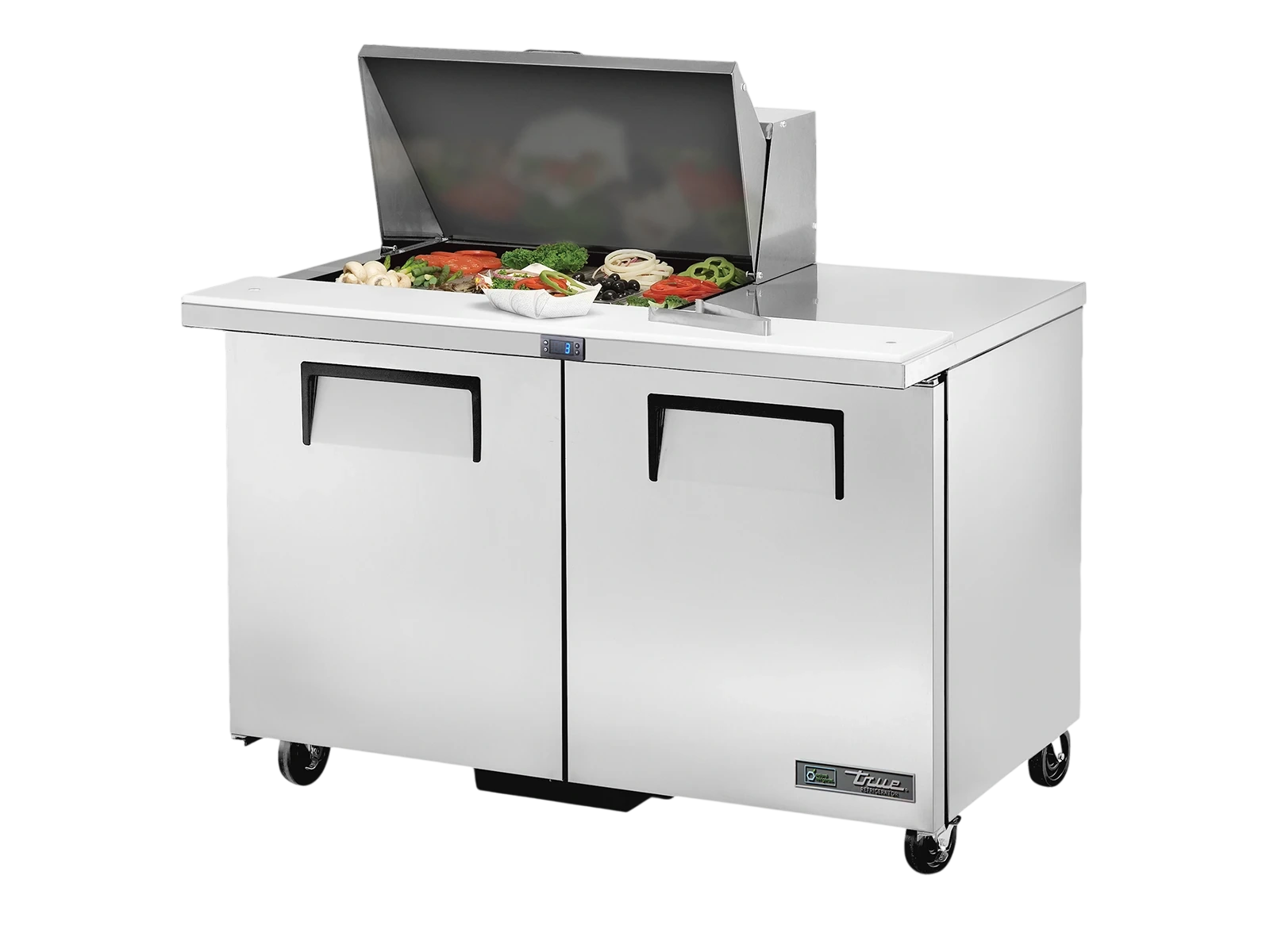 True TSSU-48-12M-B-HC Prep Table, 12x 1/6 Top Pans, 2 Solid Swing Doors