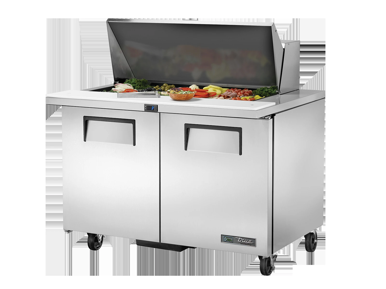 True TSSU-48-18M-B-HC Prep Table, 18x 1/6 Top Pans, 2 Solid Swing Doors