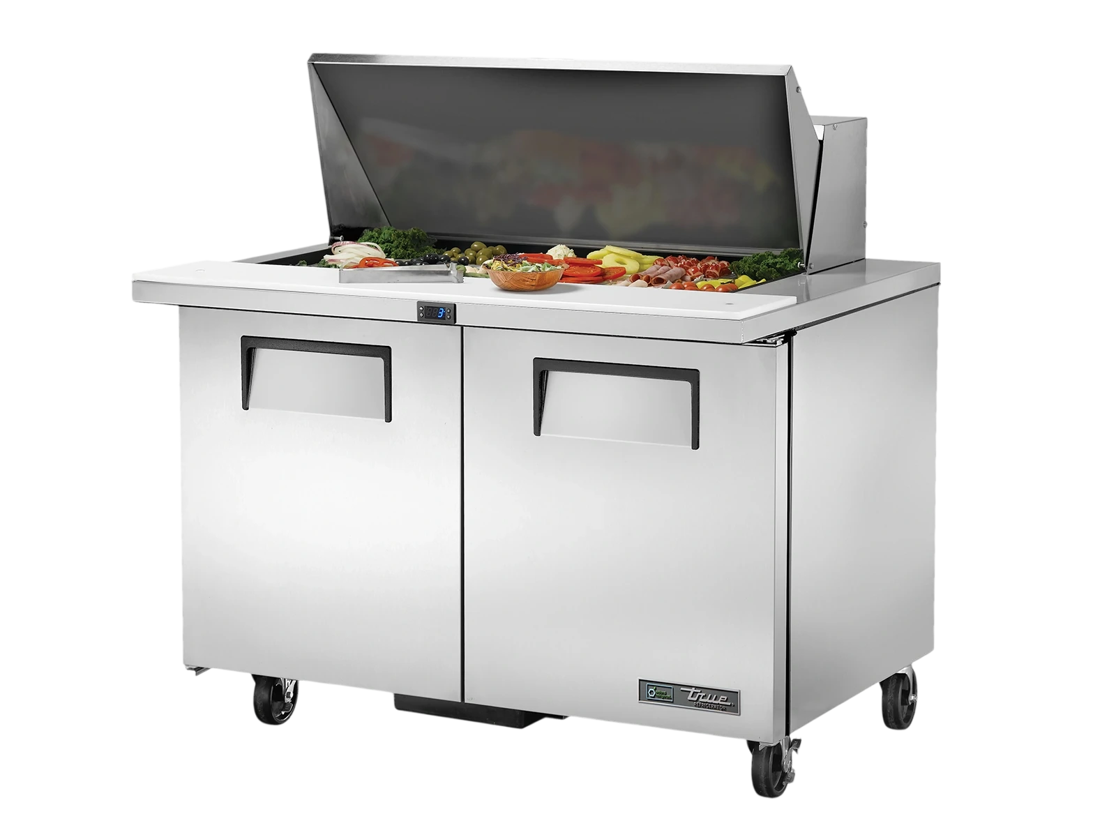 True TSSU-48-18M-B-HC Prep Table, 18x 1/6 Top Pans, 2 Solid Swing Doors