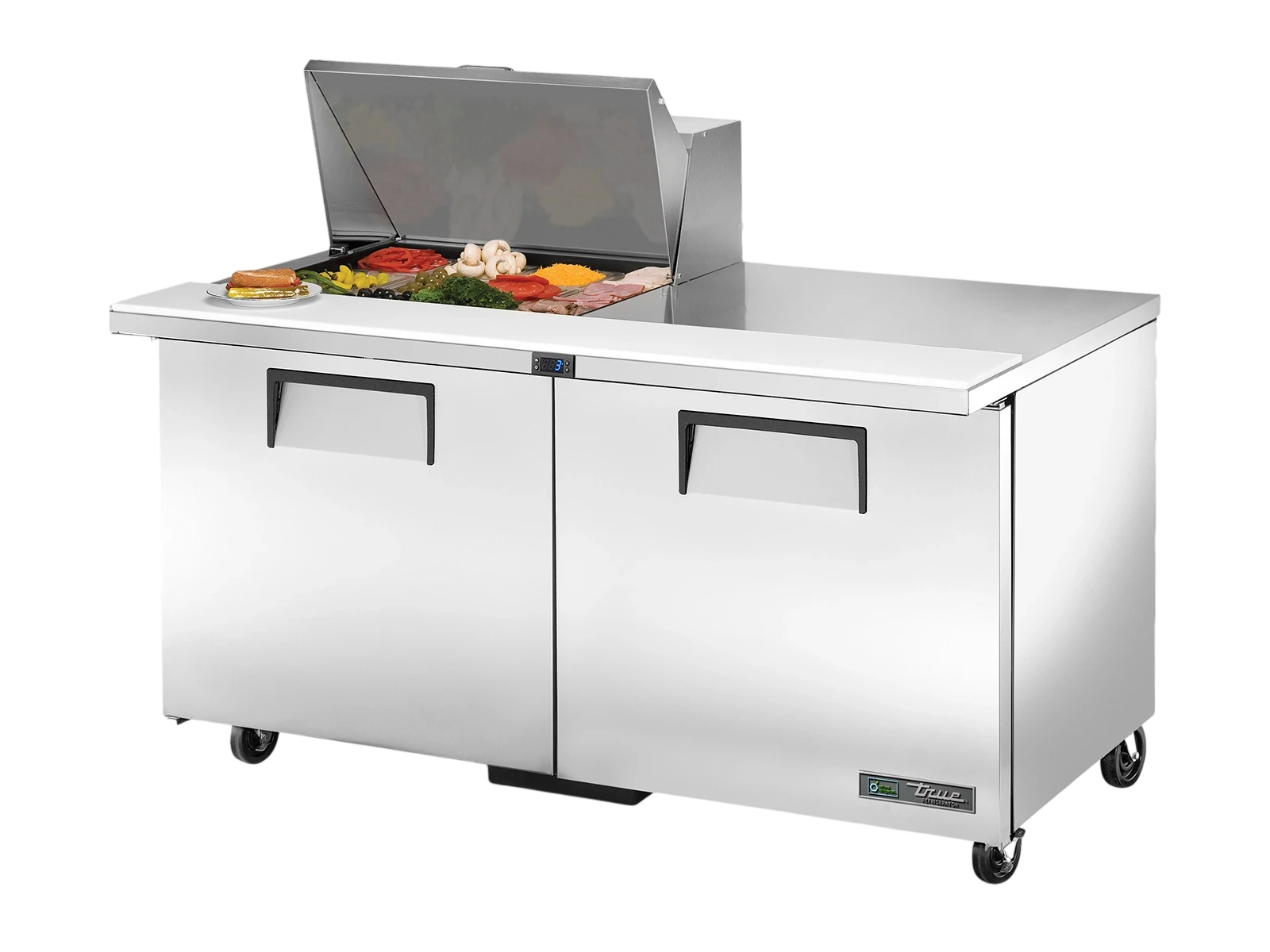 True TSSU-60-12M-B-HC Prep Table, 12x 1/6 Top Pans, 2 Solid Swing Doors