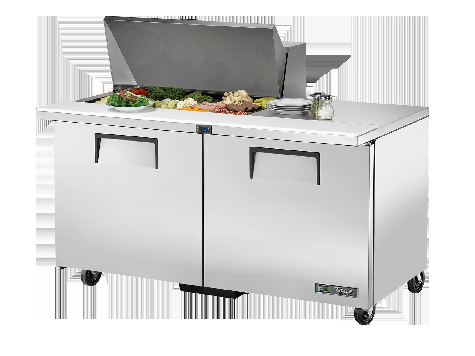 True TSSU-60-15M-B-HC Prep Table, 15x 1/6 Top Pans, 2 Solid Swing Doors