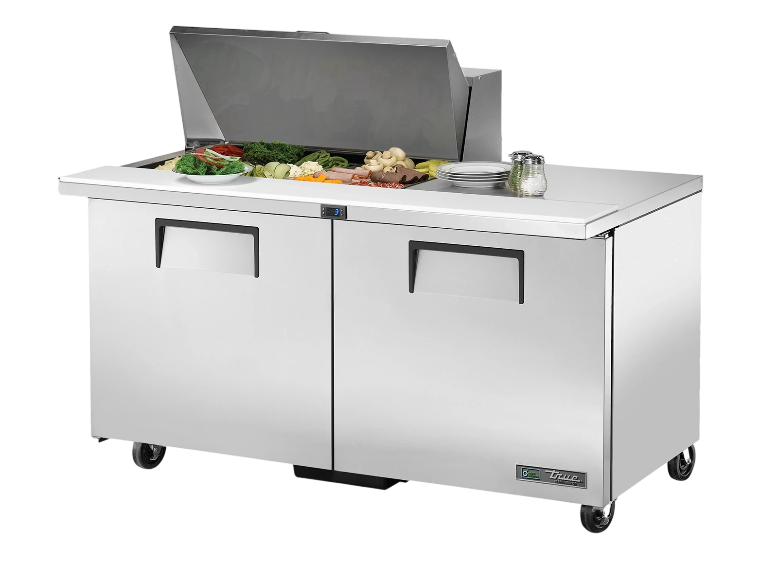 True TSSU-60-15M-B-HC Prep Table, 15x 1/6 Top Pans, 2 Solid Swing Doors