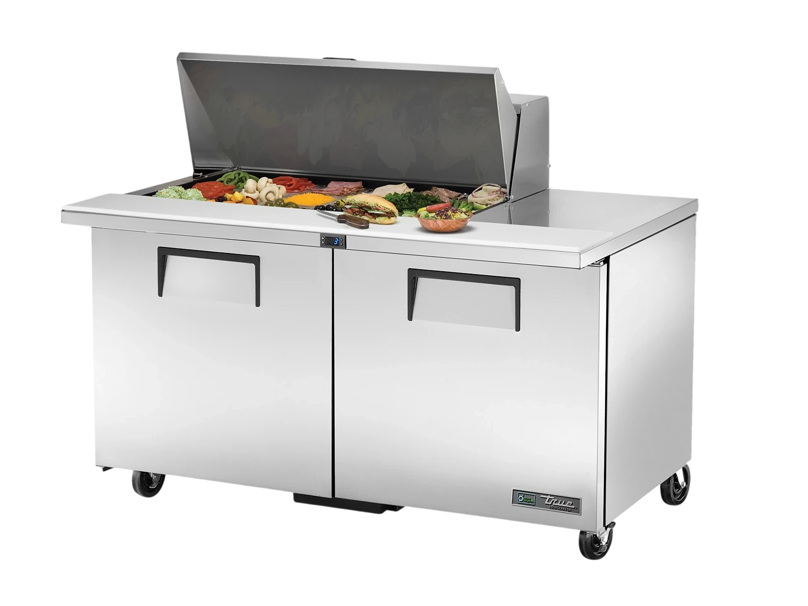 True TSSU-60-18M-B-HC Prep Table, 18x 1/6 Top Pans, 2 Solid Swing Doors