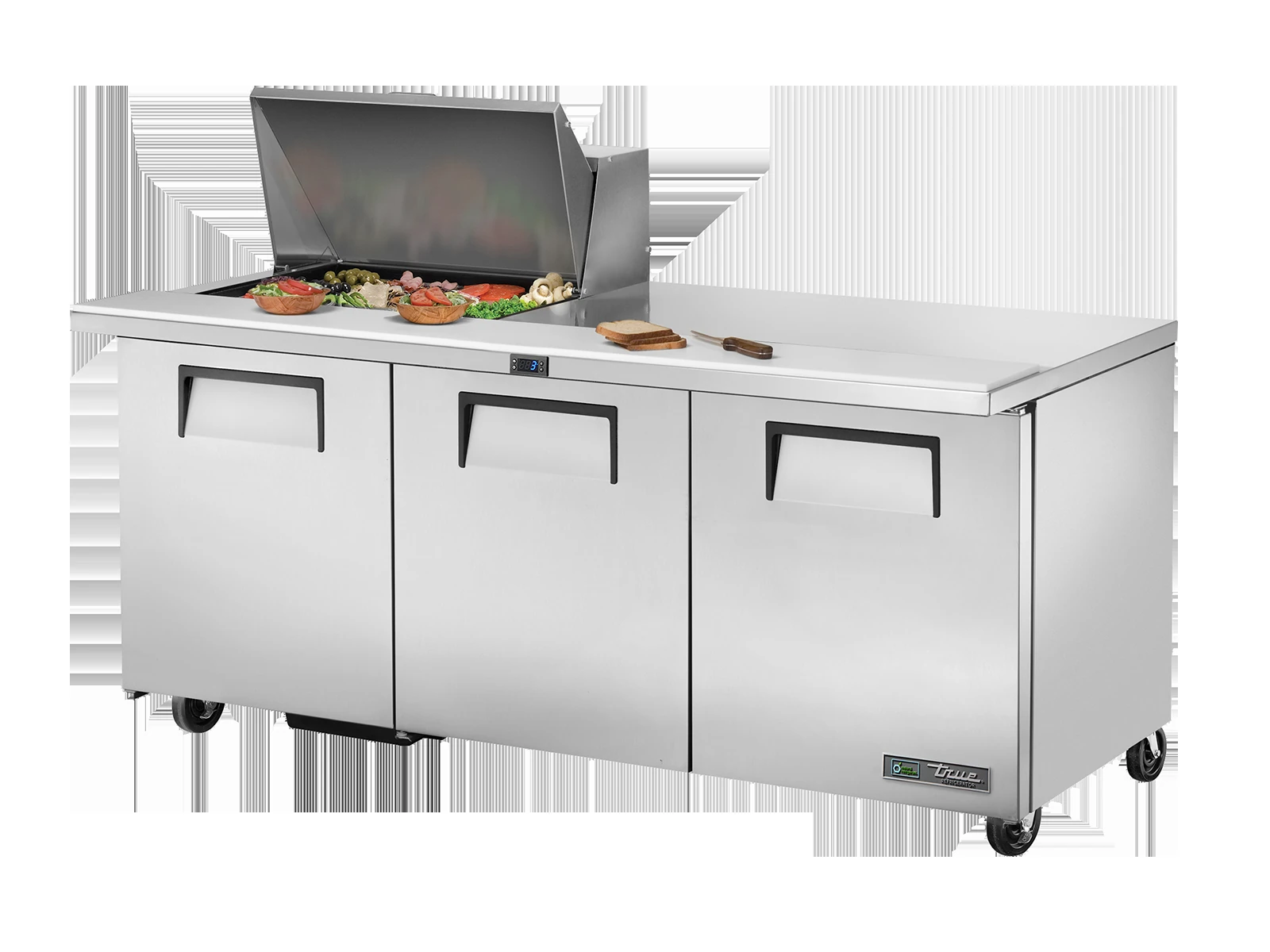 True TSSU-72-12M-B-HC Prep Table, 12x 1/6 Top Pans, 3 Solid Swing Doors