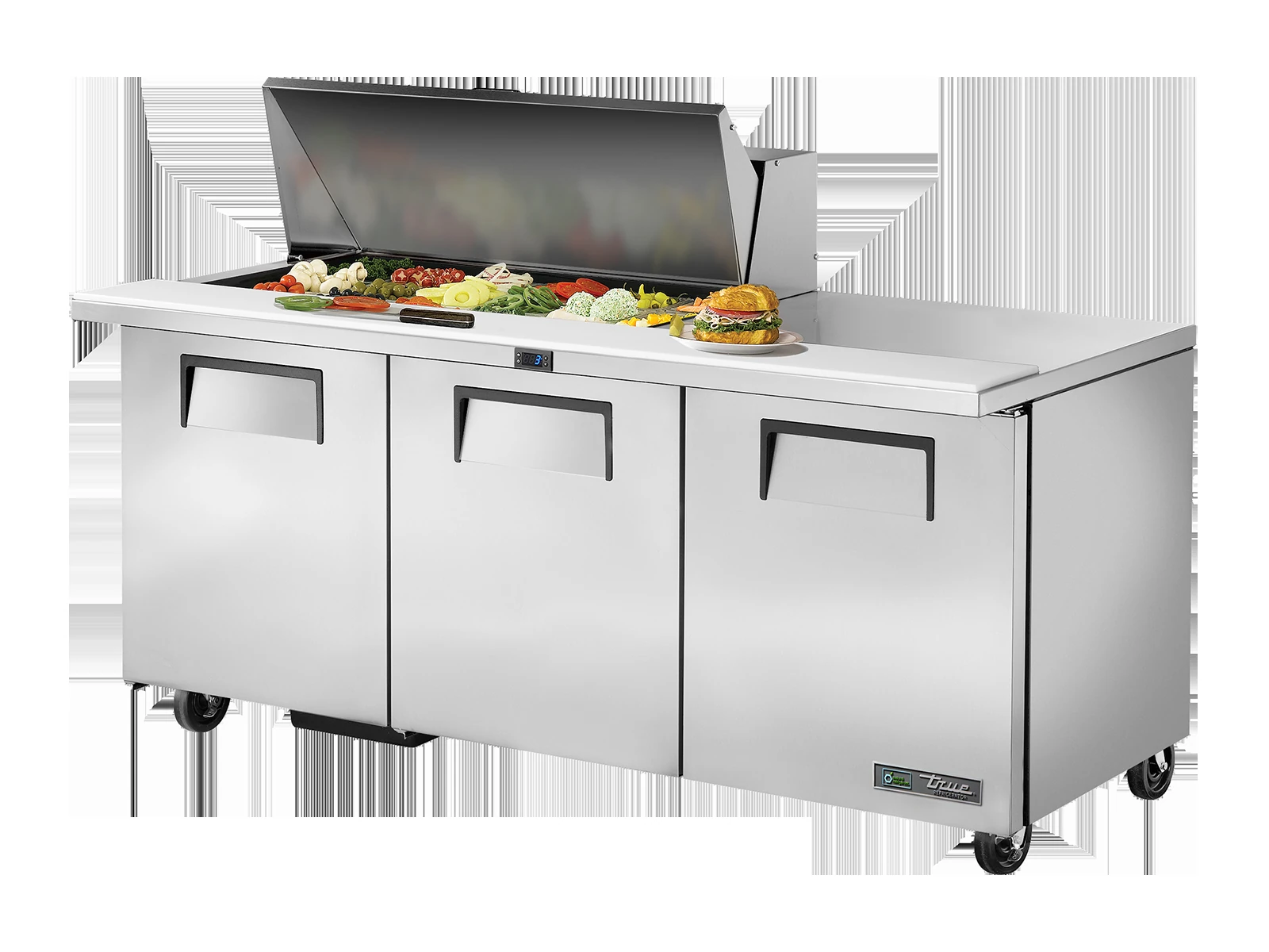 True TSSU-72-18M-B-HC Prep Table, 18x 1/6 Top Pans, 3 Solid Swing Doors