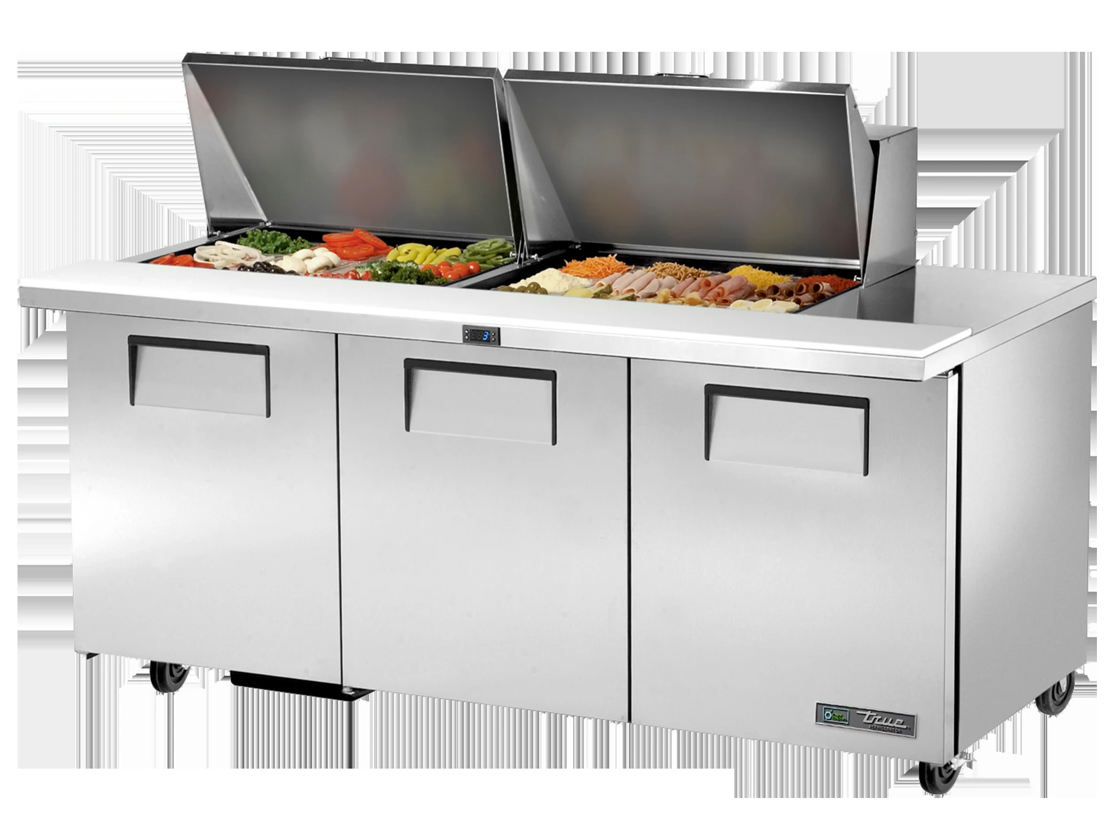 True TSSU-72-24M-B-ST-HC Prep Table, 24x 1/6 Top Pans, 3 Solid Swing Doors