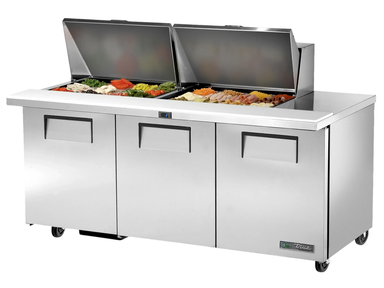 True TSSU-72-24M-B-ST-HC Prep Table, 24x 1/6 Top Pans, 3 Solid Swing Doors