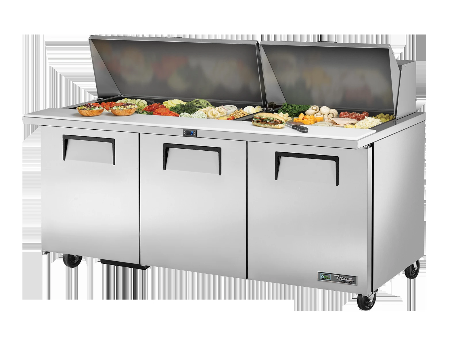 True TSSU-72-30M-B-ST-HC Prep Table, 30x 1/6 Top Pans, 3 Solid Swing Doors