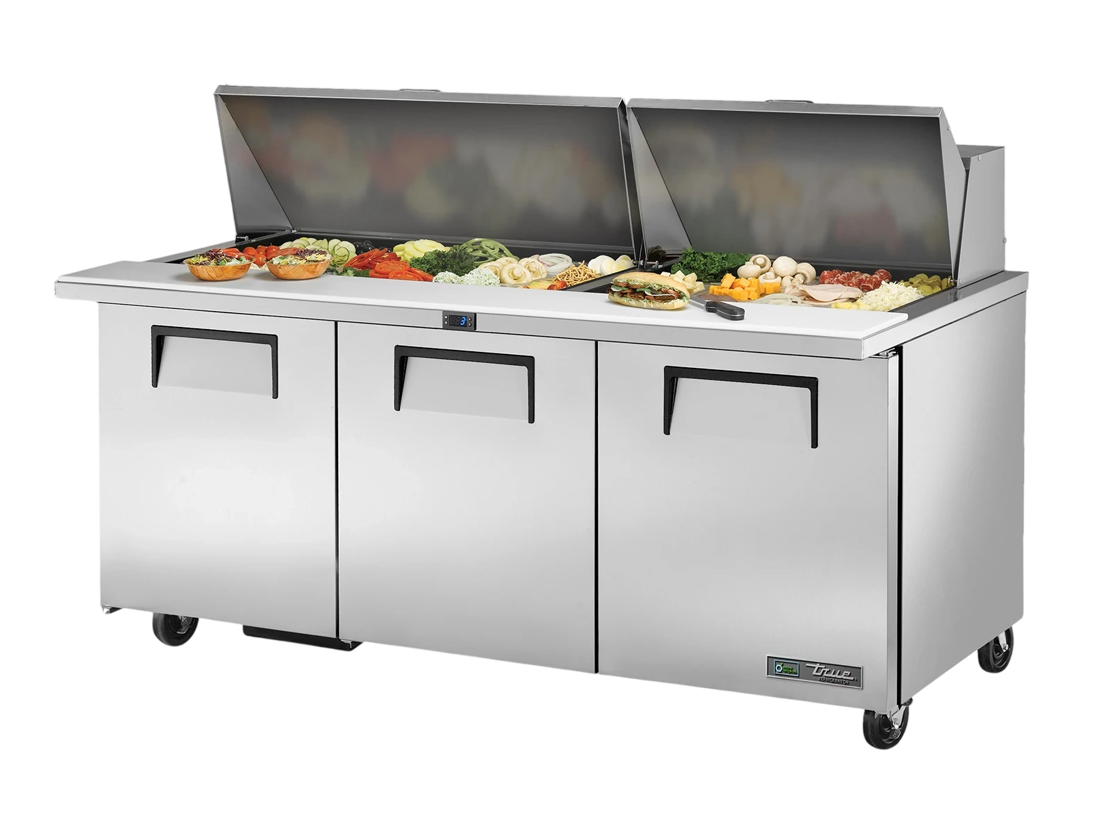 True TSSU-72-30M-B-ST-HC Prep Table, 30x 1/6 Top Pans, 3 Solid Swing Doors