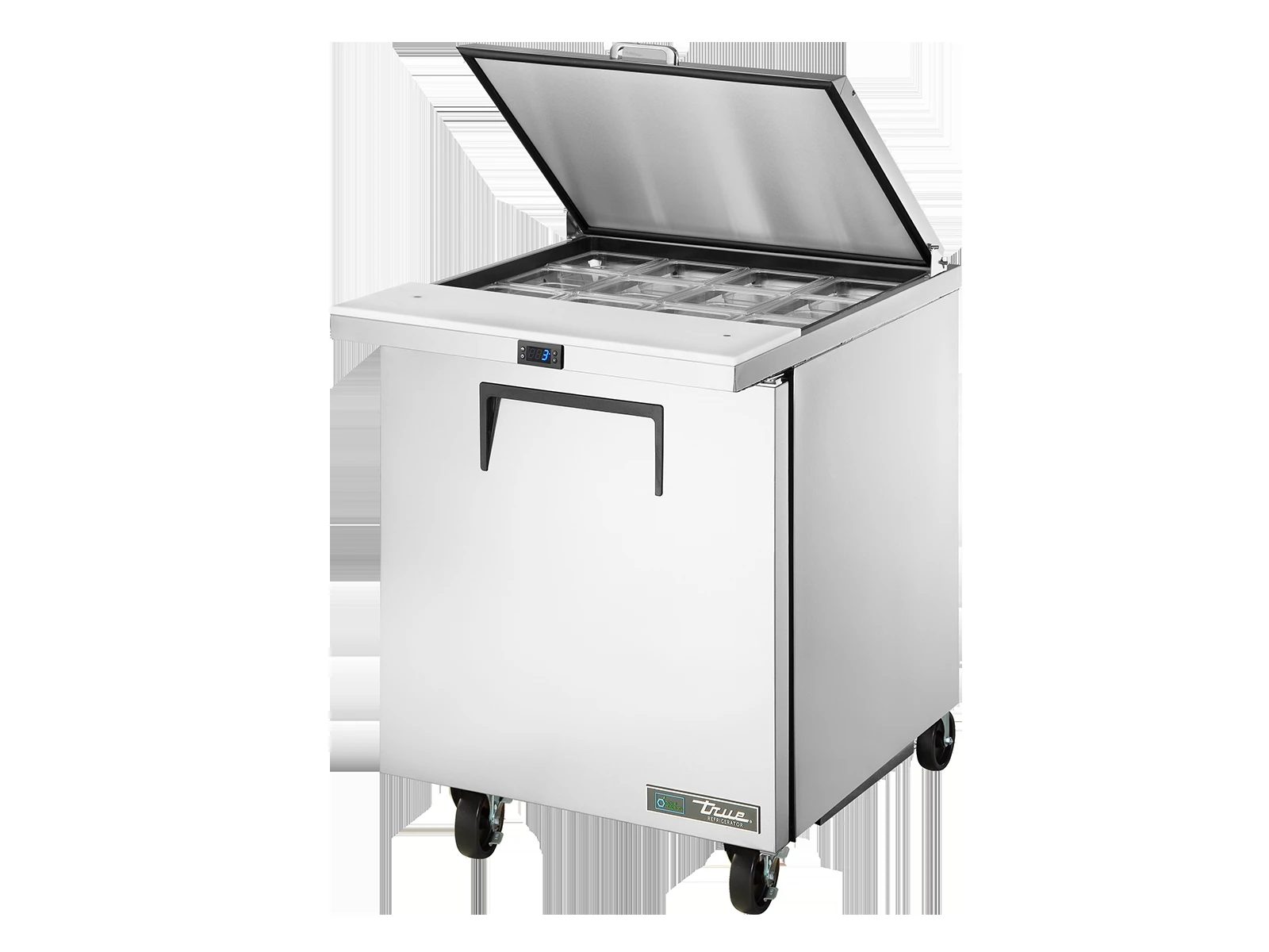 True TSSU-27-12M-C-HC FLID Prep Table, 12x 1/6 Top Pans, 1 Solid Swing Door, Removable lids