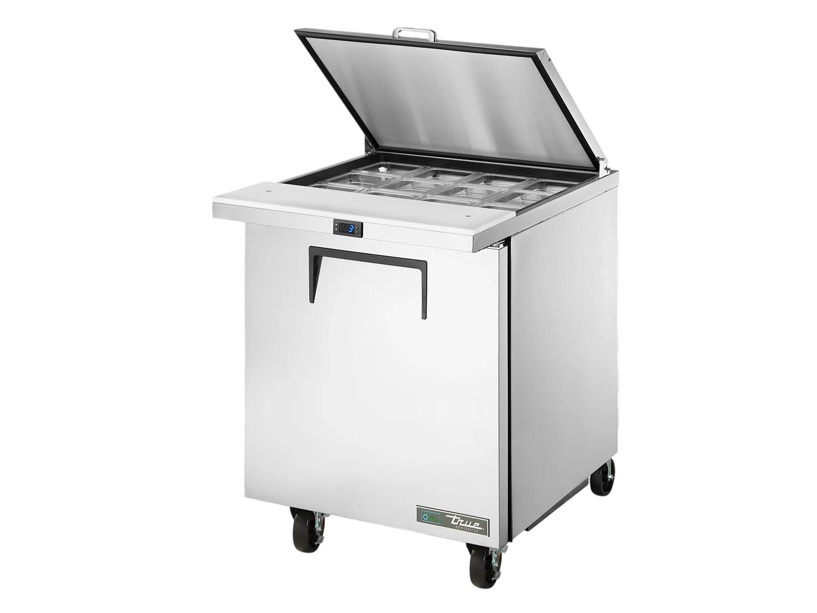 True TSSU-27-12M-C-HC FLID Prep Table, 12x 1/6 Top Pans, 1 Solid Swing Door, Removable lids
