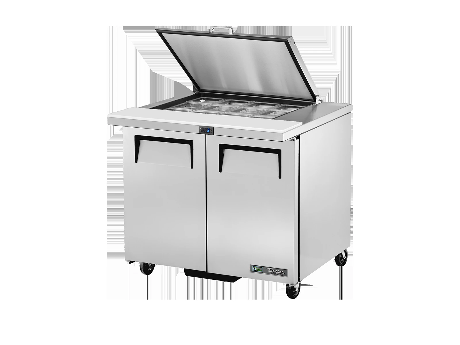 True TSSU-36-12M-B-HC FLID Prep Table, 12x 1/6 Top Pans, 2 Solid Swing Doors, Removable lids