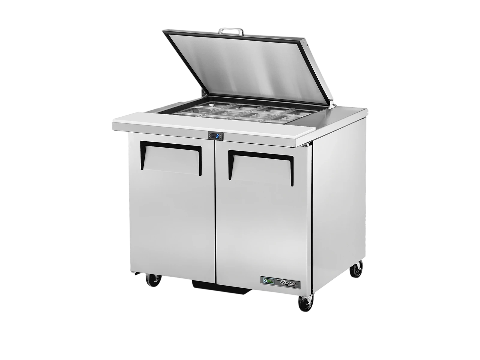 True TSSU-36-12M-B-HC FLID Prep Table, 12x 1/6 Top Pans, 2 Solid Swing Doors, Removable lids
