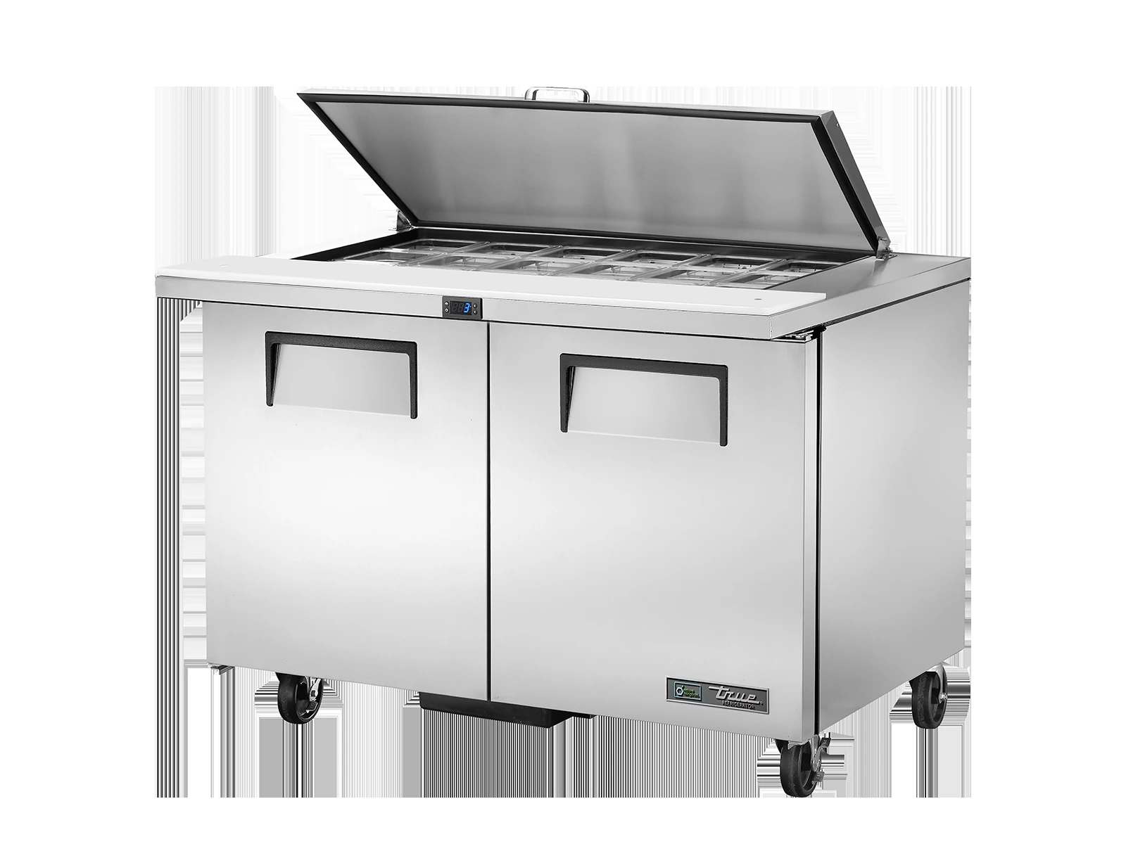 True TSSU-48-18M-B-HC FLID Prep Table, 18x 1/6 Top Pans, 2 Solid Swing Doors, Removable lids