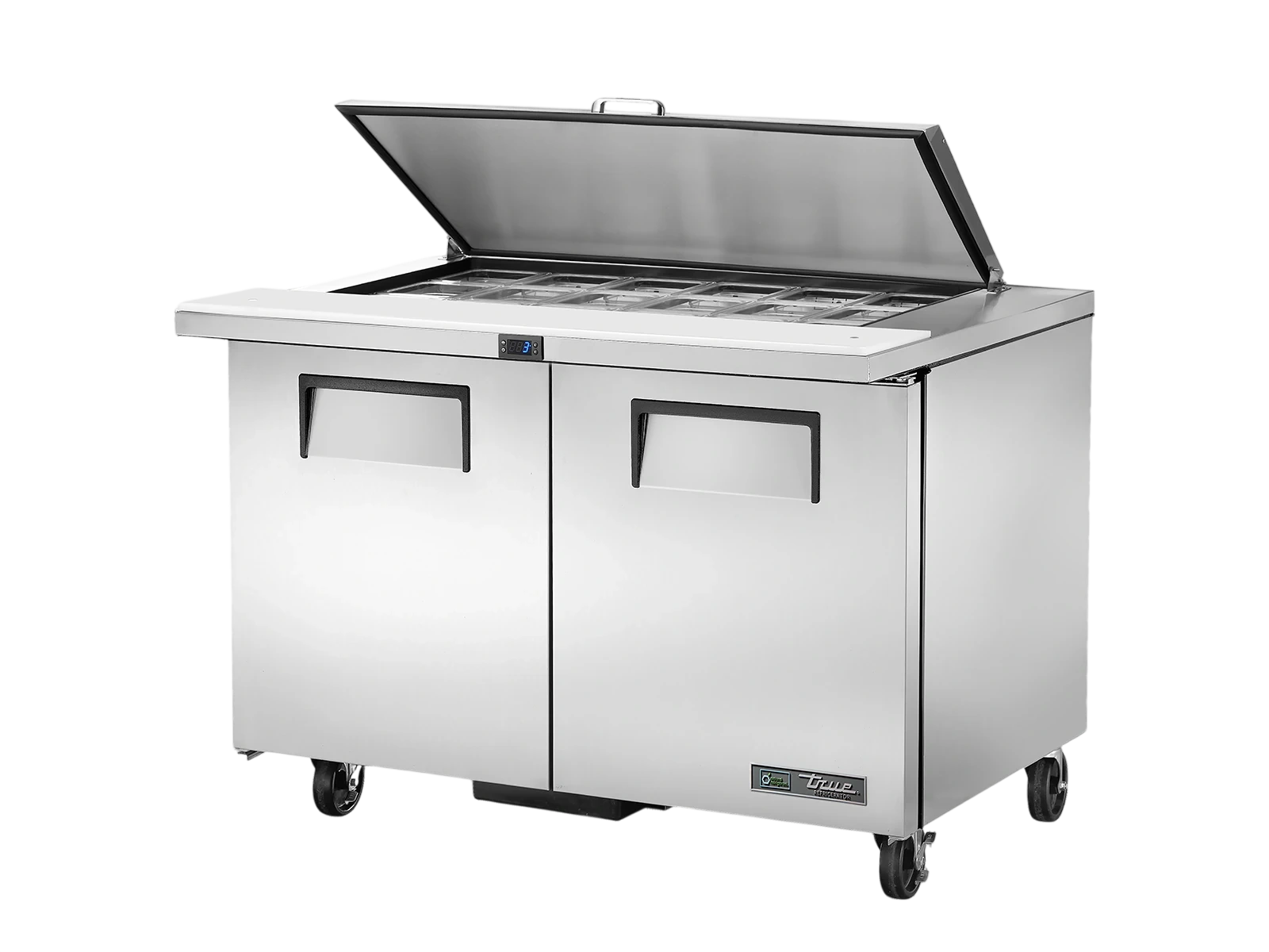 True TSSU-48-18M-B-HC FLID Prep Table, 18x 1/6 Top Pans, 2 Solid Swing Doors, Removable lids