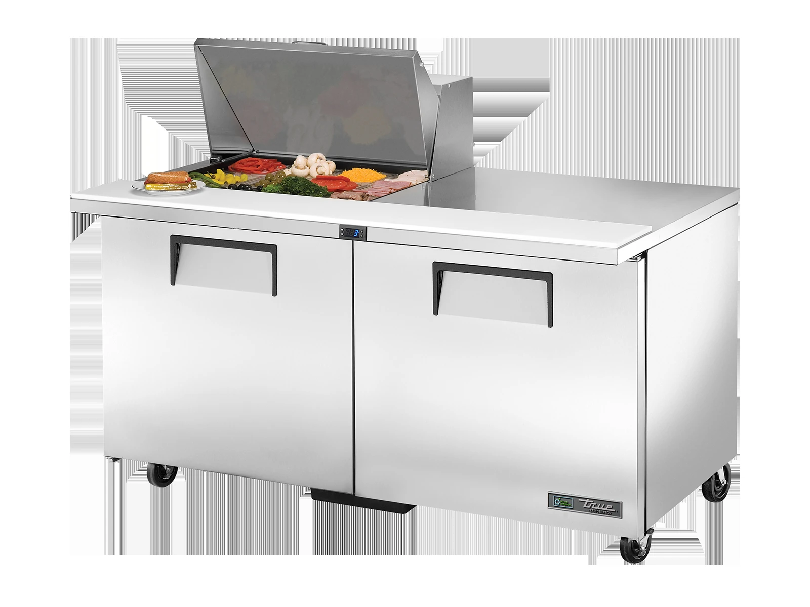 True TSSU-60-12M-B-HC FLID Prep Table, 12x 1/6 Top Pans, 2 Solid Swing Doors