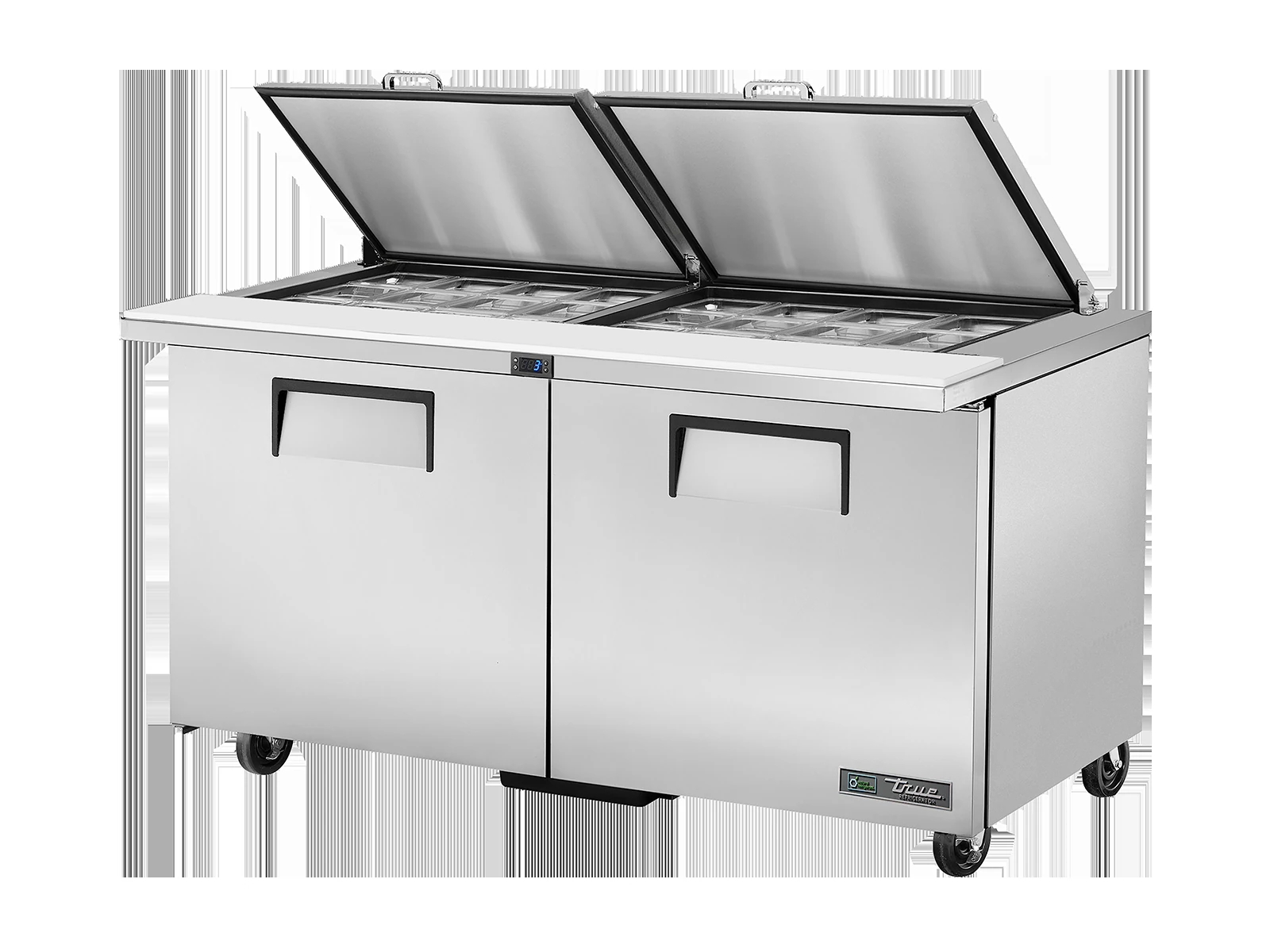 True TSSU-60-24M-B-ST-HC FLID Prep Table, 24x 1/6 Top Pans, 2 Solid Swing Doors, Removable lids