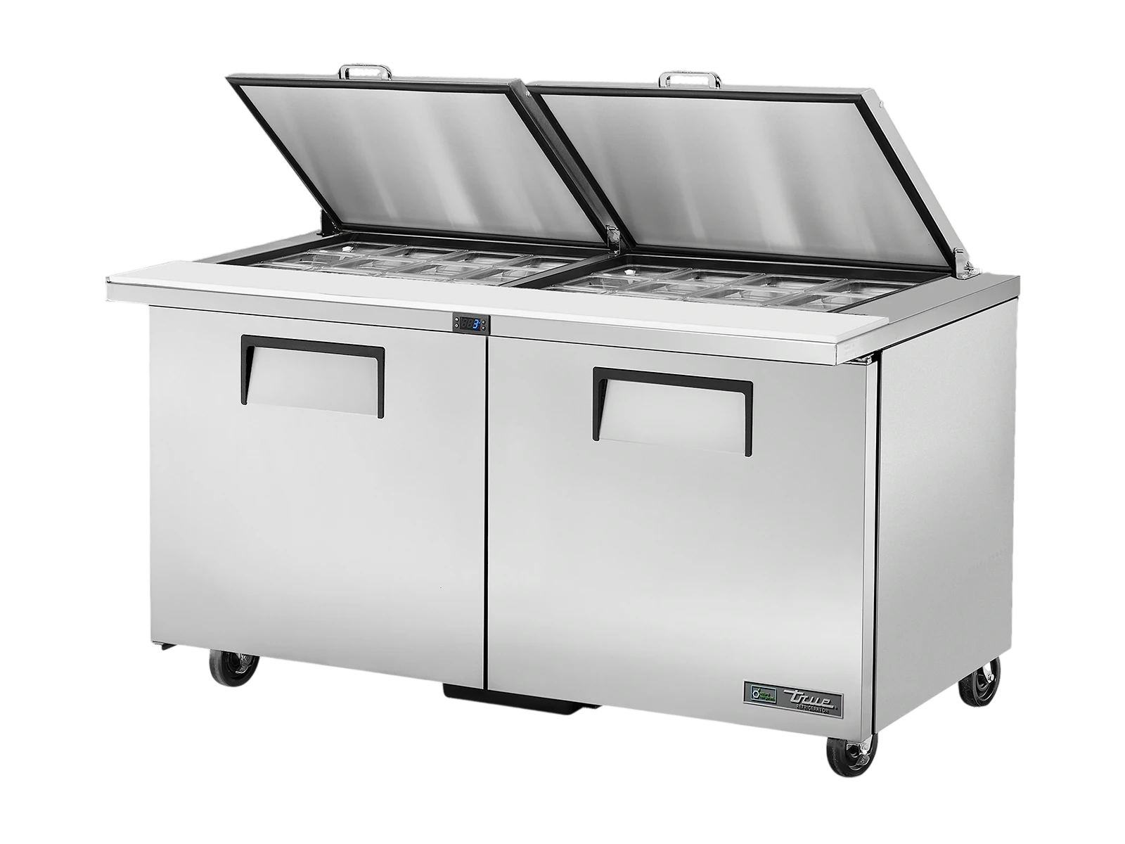 True TSSU-60-24M-B-ST-HC FLID Prep Table, 24x 1/6 Top Pans, 2 Solid Swing Doors, Removable lids