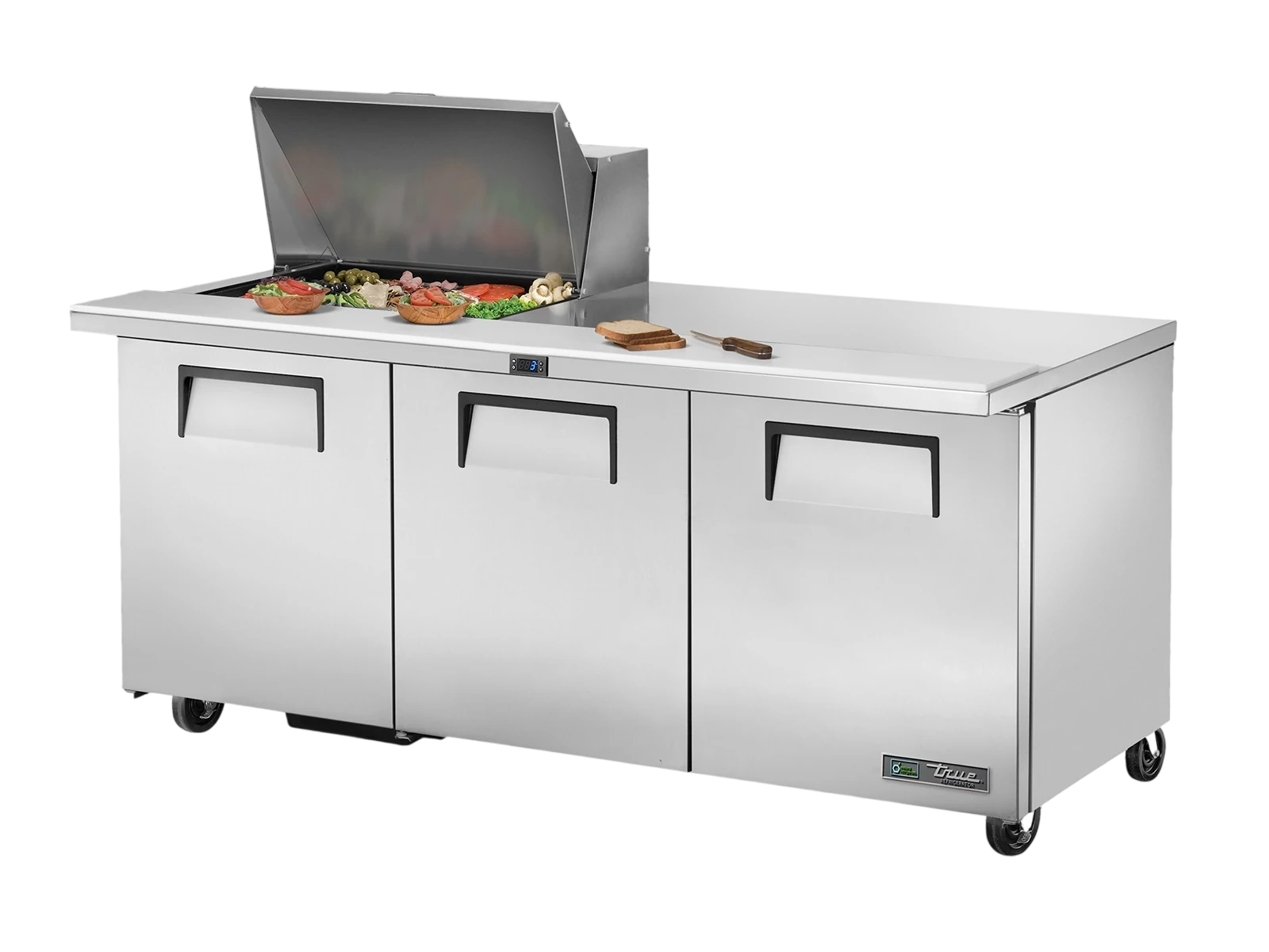 True TSSU-72-12M-B-HC FLID Prep Table, 12x 1/6 Top Pans, 3 Solid Swing Doors