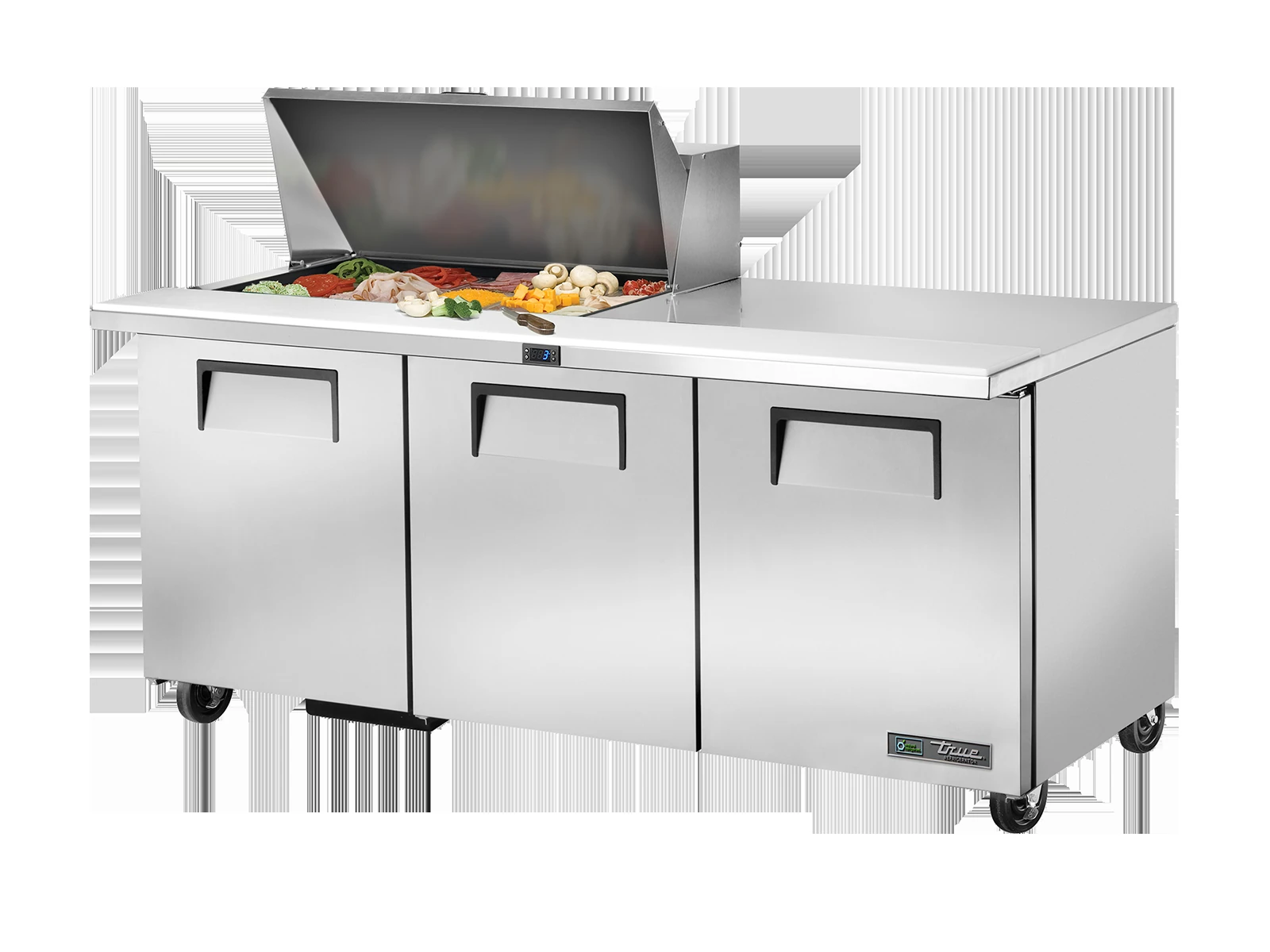 True TSSU-72-15M-B-HC FLID Prep Table, 15x 1/6 Top Pans, 3 Solid Swing Doors