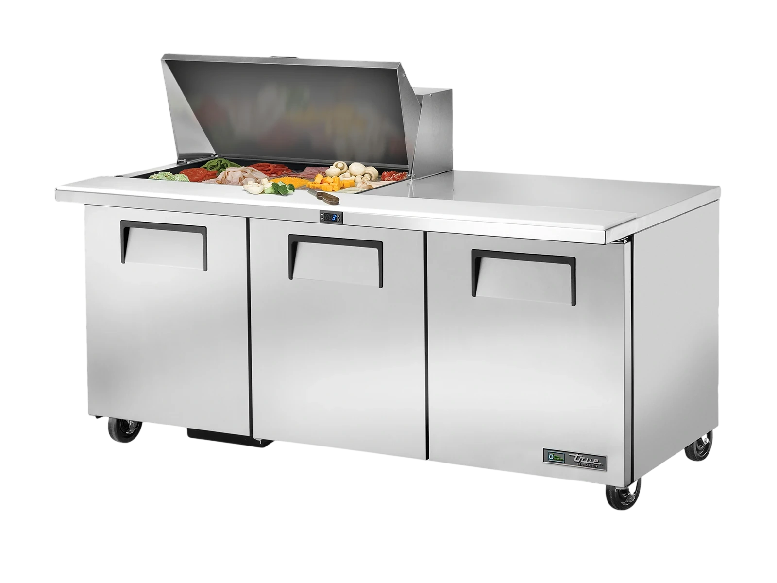True TSSU-72-15M-B-HC FLID Prep Table, 15x 1/6 Top Pans, 3 Solid Swing Doors