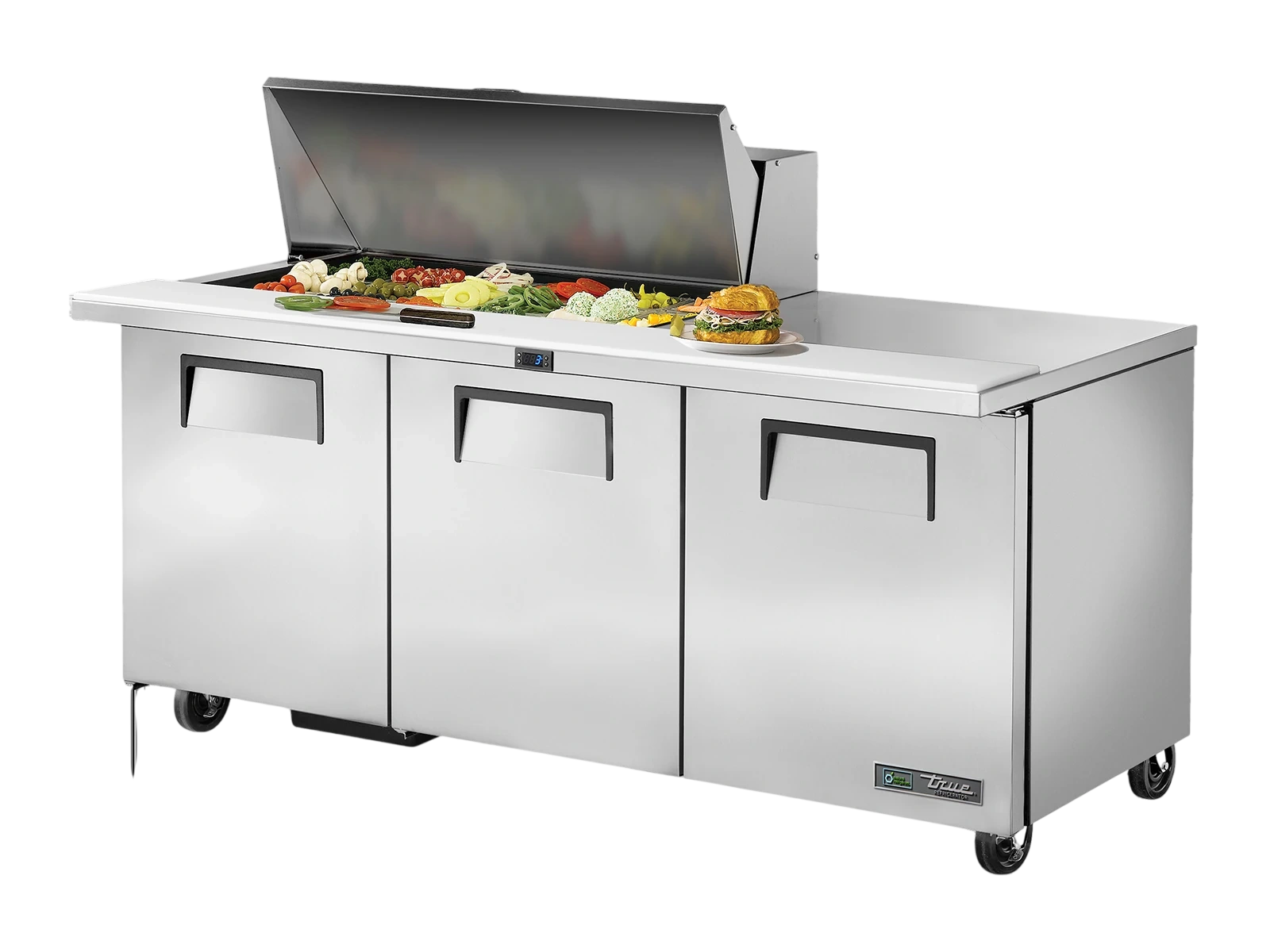 True TSSU-72-18M-B-HC FLID Prep Table, 18x 1/6 Top Pans, 3 Solid Swing Doors