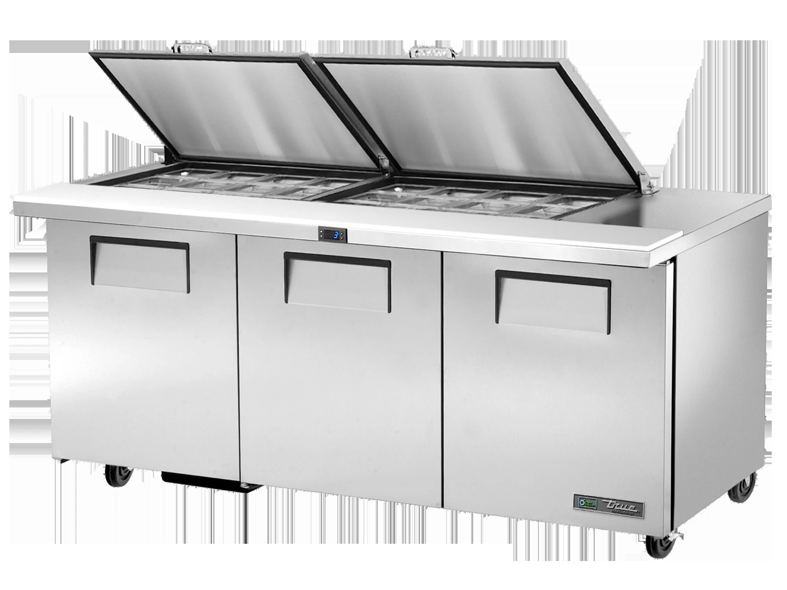 True TSSU-72-24M-B-ST-HC FLID Prep Table, 24x 1/6 Top Pans, 3 Solid Swing Doors, Removable lids