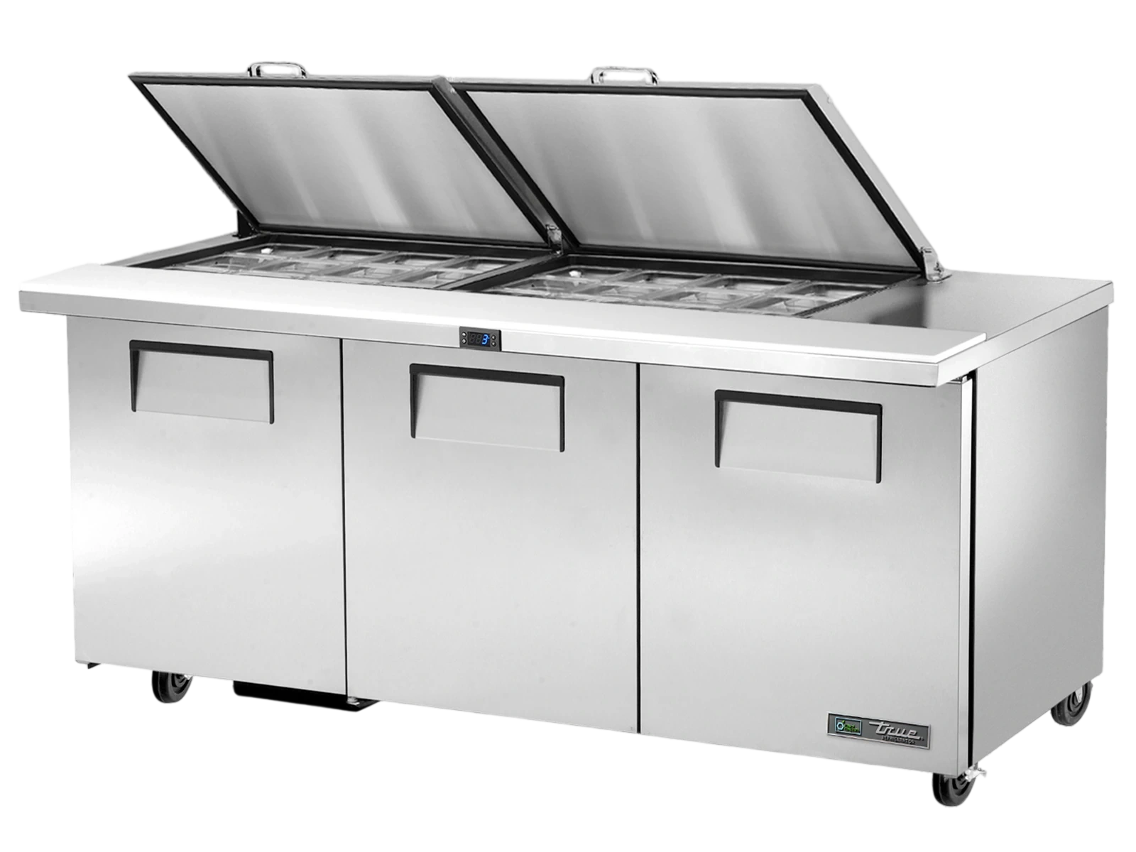 True TSSU-72-24M-B-ST-HC FLID Prep Table, 24x 1/6 Top Pans, 3 Solid Swing Doors, Removable lids