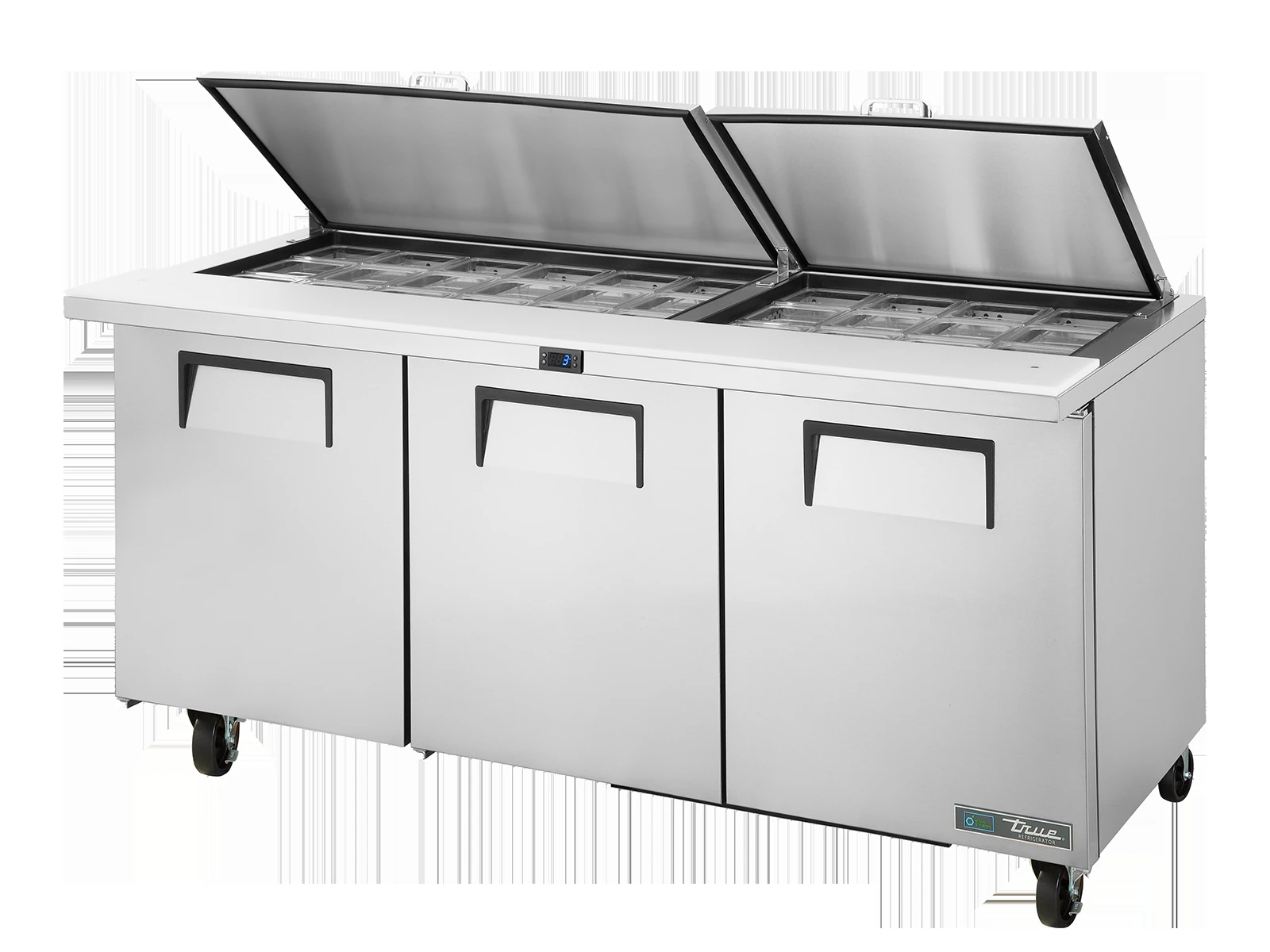 True TSSU-72-30M-B-ST-HC FLID Prep Table, 30x 1/6 Top Pans, 3 Solid Swing Doors, Removable lids