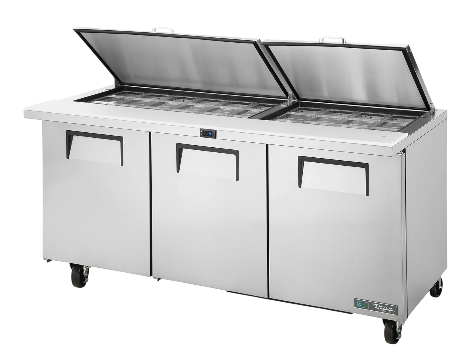 True TSSU-72-30M-B-ST-HC FLID Prep Table, 30x 1/6 Top Pans, 3 Solid Swing Doors, Removable lids