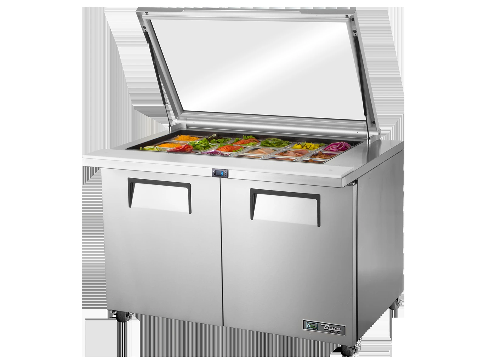 True TSSU-48-18M-B-FGLID-HC Glass Lid Prep Table, 18x 1/6 Top Pans, 2 Solid Swing Doors