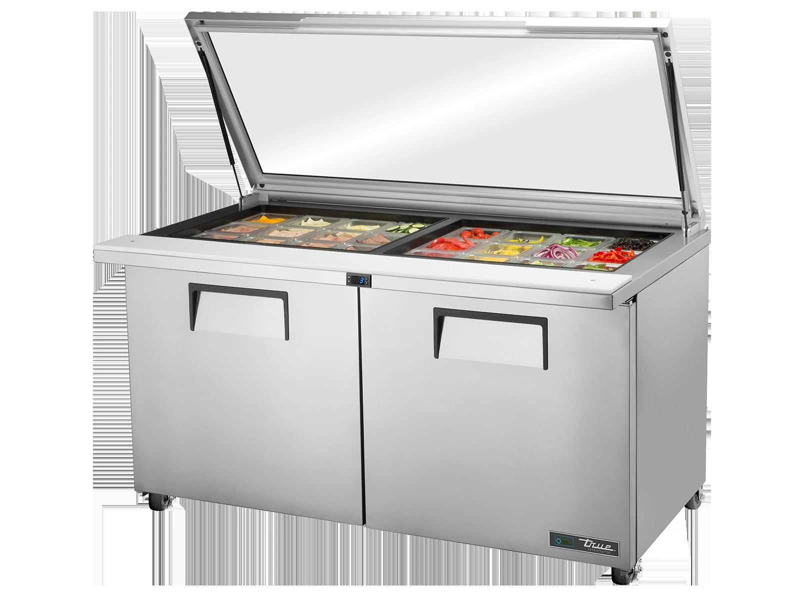 True TSSU-60-24M-B-ST-FGLID-HC Glass Lid Prep Table, 24x 1/6 Top Pans, 2 Solid Swing Doors
