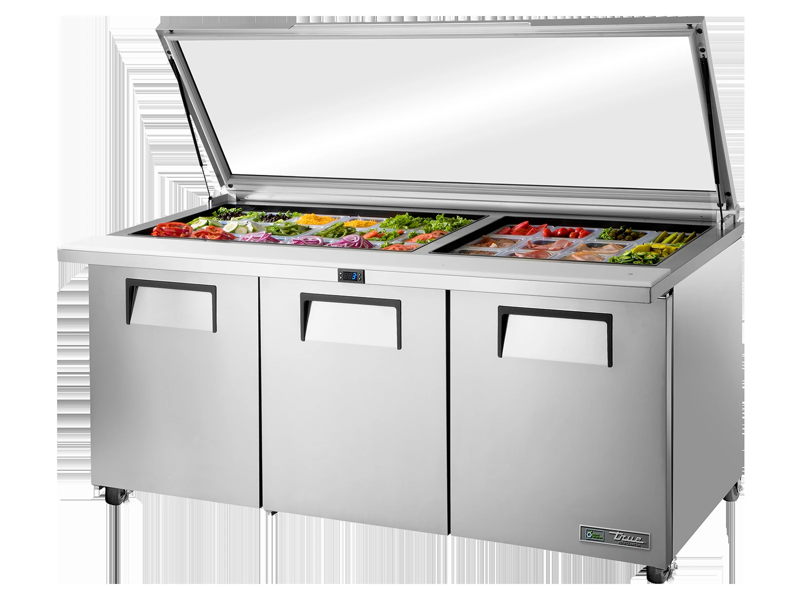 True TSSU-72-30M-B-ST-FGLID-HC Glass Lid Prep Table, 30x 1/6 Top Pans, 3 Solid Swing Doors