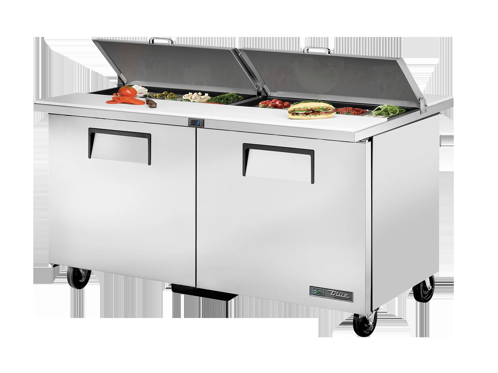 True TSSU-60-16-DS-ST-HC "Dual-Sided" Prep Table, 16x 1/6 Top Pans, 2 Solid Swing Doors