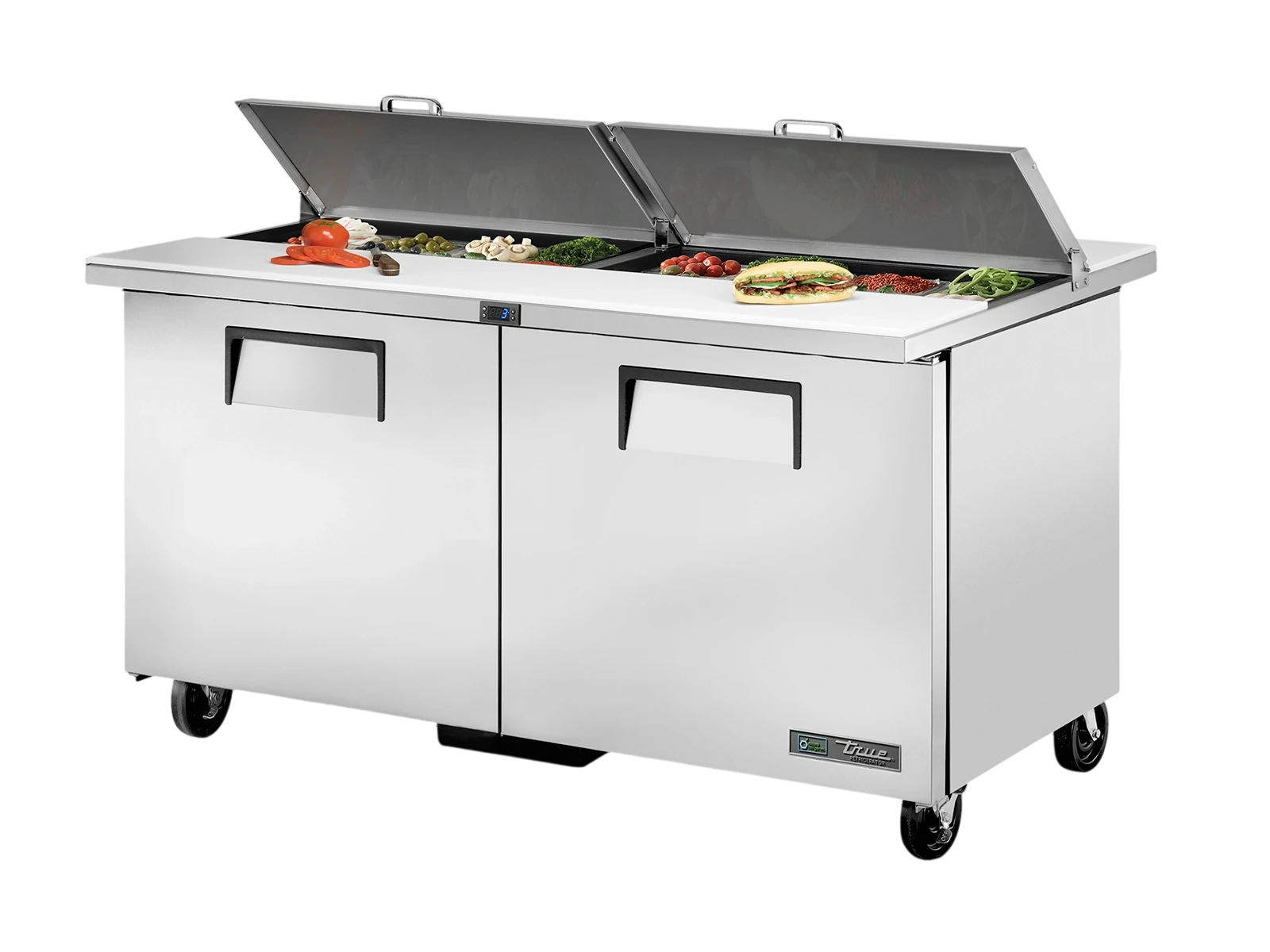 True TSSU-60-16-DS-ST-HC "Dual-Sided" Prep Table, 16x 1/6 Top Pans, 2 Solid Swing Doors