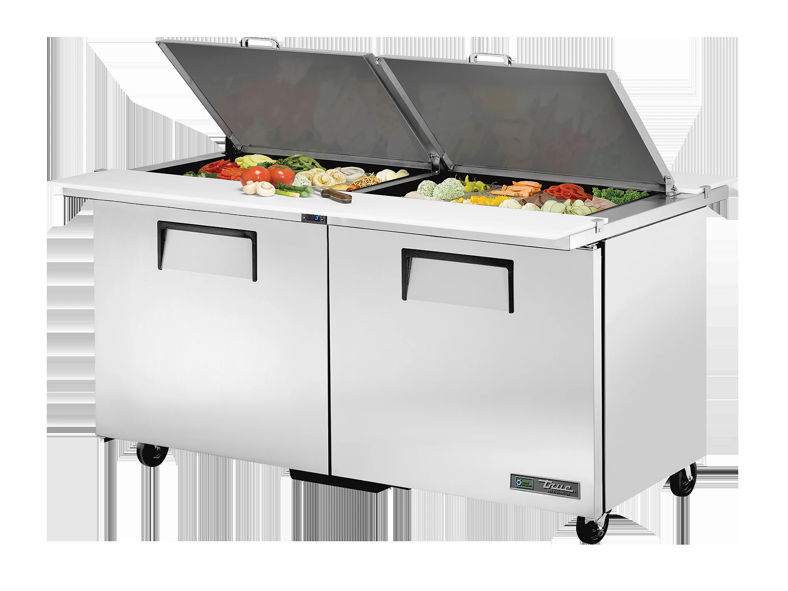 True TSSU-60-24M-B-DS-ST-HC Dual-Sided Prep Table, 24x 1/6 Top Pans, 2 Solid Swing Doors