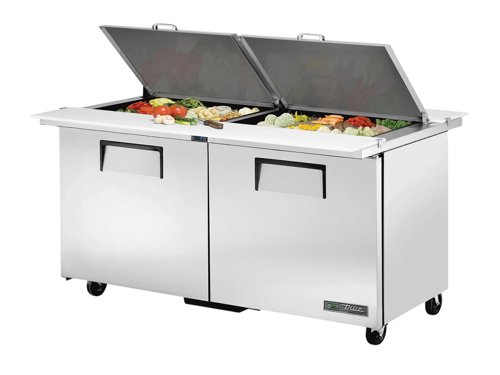 True TSSU-60-24M-B-DS-ST-HC Dual-Sided Prep Table, 24x 1/6 Top Pans, 2 Solid Swing Doors