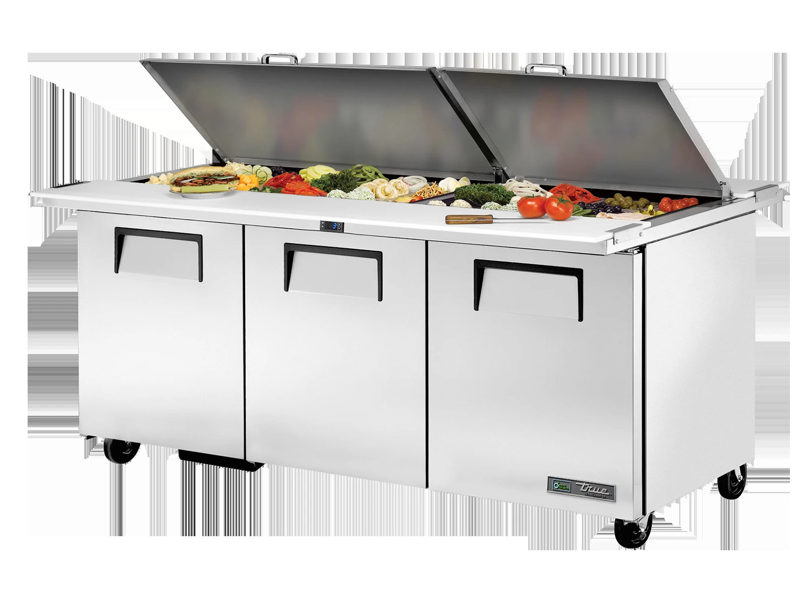 True TSSU-72-30M-B-DS-ST-HC "Dual-Sided"Prep Table, 30x 1/6 Top Pans, 3 Solid Swing Doors