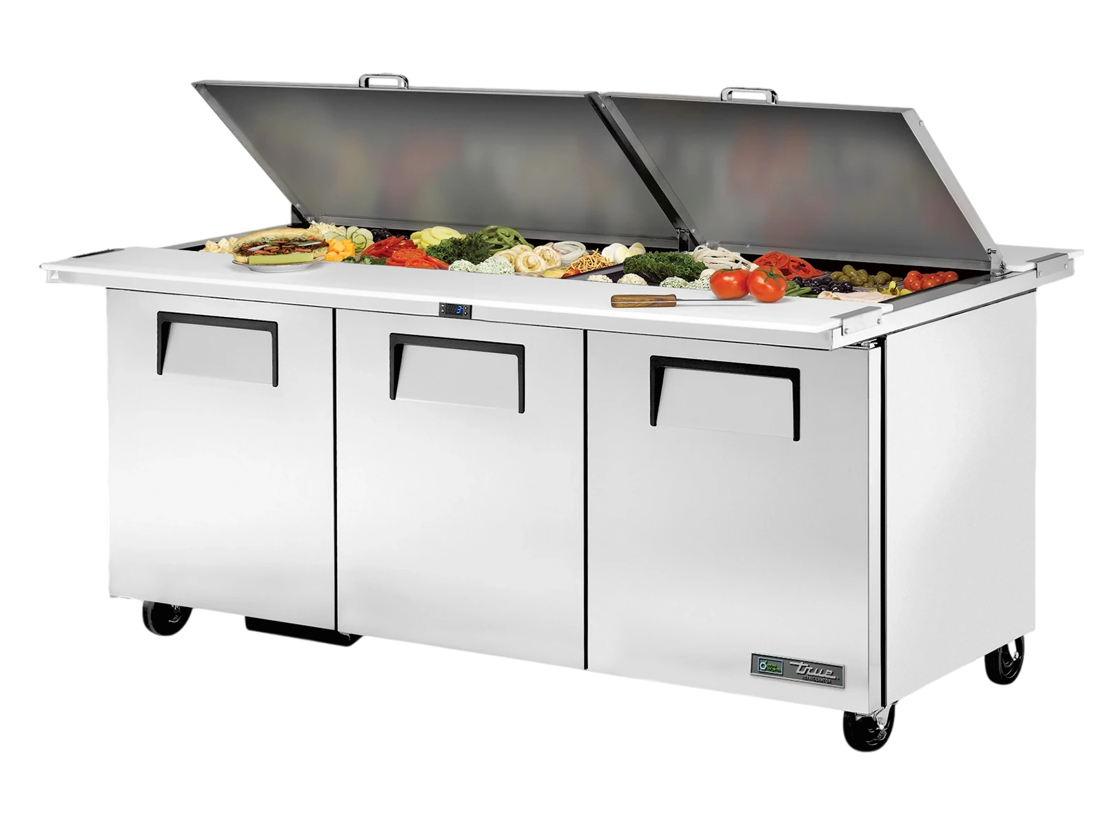 True TSSU-72-30M-B-DS-ST-HC "Dual-Sided"Prep Table, 30x 1/6 Top Pans, 3 Solid Swing Doors